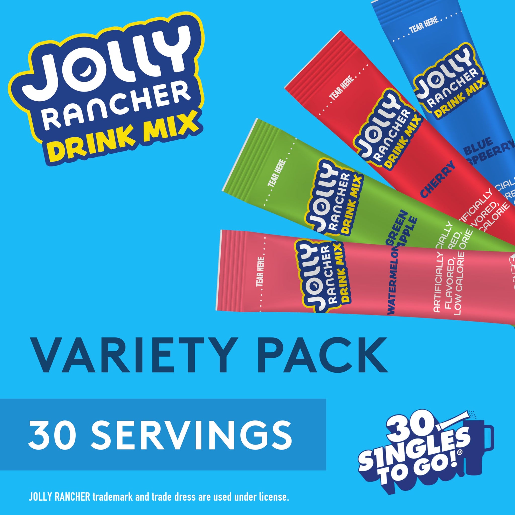 Jolly Rancher Singles To Go Variety Pack, Powdered Drink Mix, Zero Sugar, Low Calorie, Includes 4 Flavors: Green Apple, Blue Raspberry, Cherry