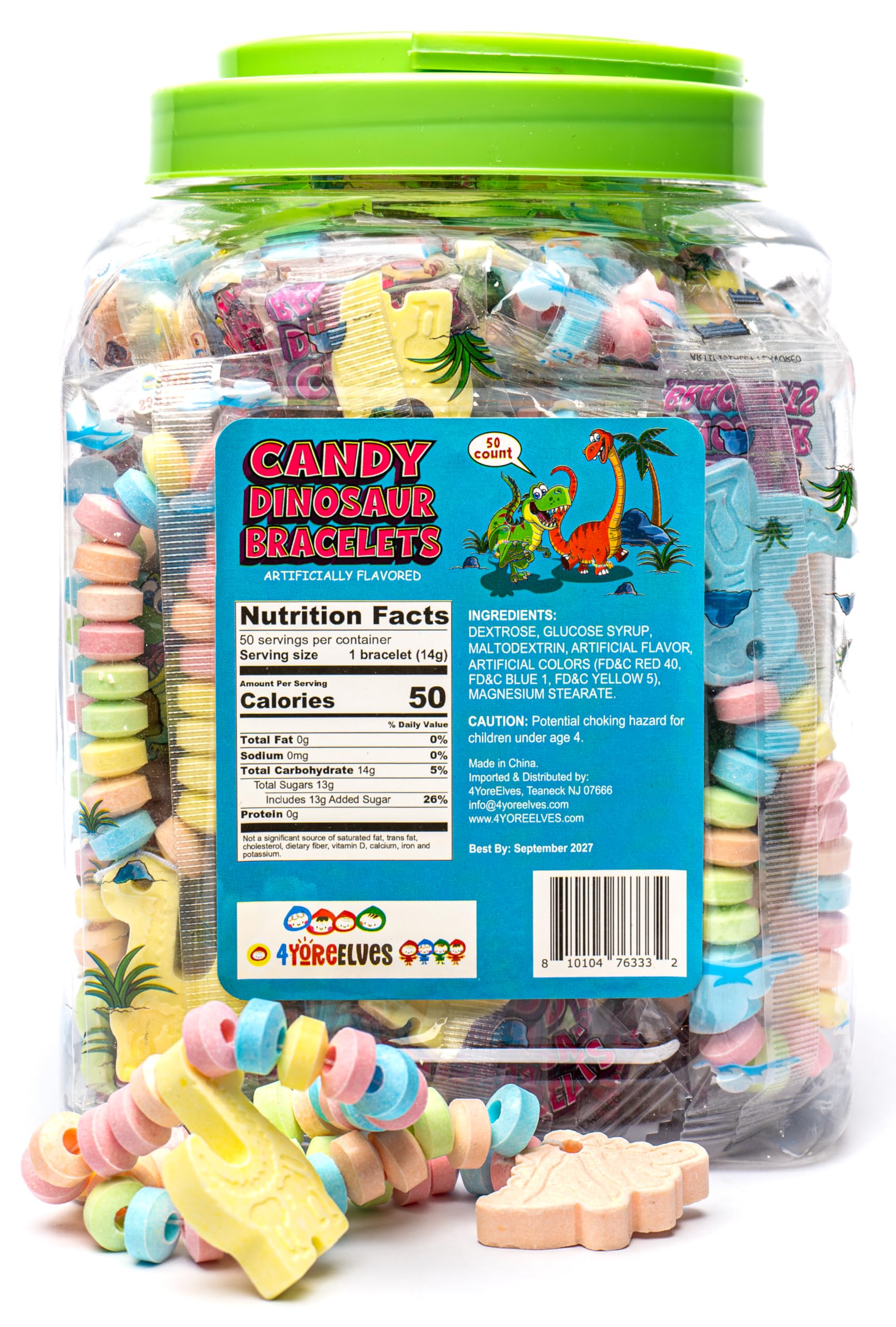 50 Dinosaur Candy Bracelets with Dinosaur Pendants, Dino-lover Candy Jewelry, Ideal for Dino Party Favors and Goodie Bags, Bulk Pack by 4YoreElves