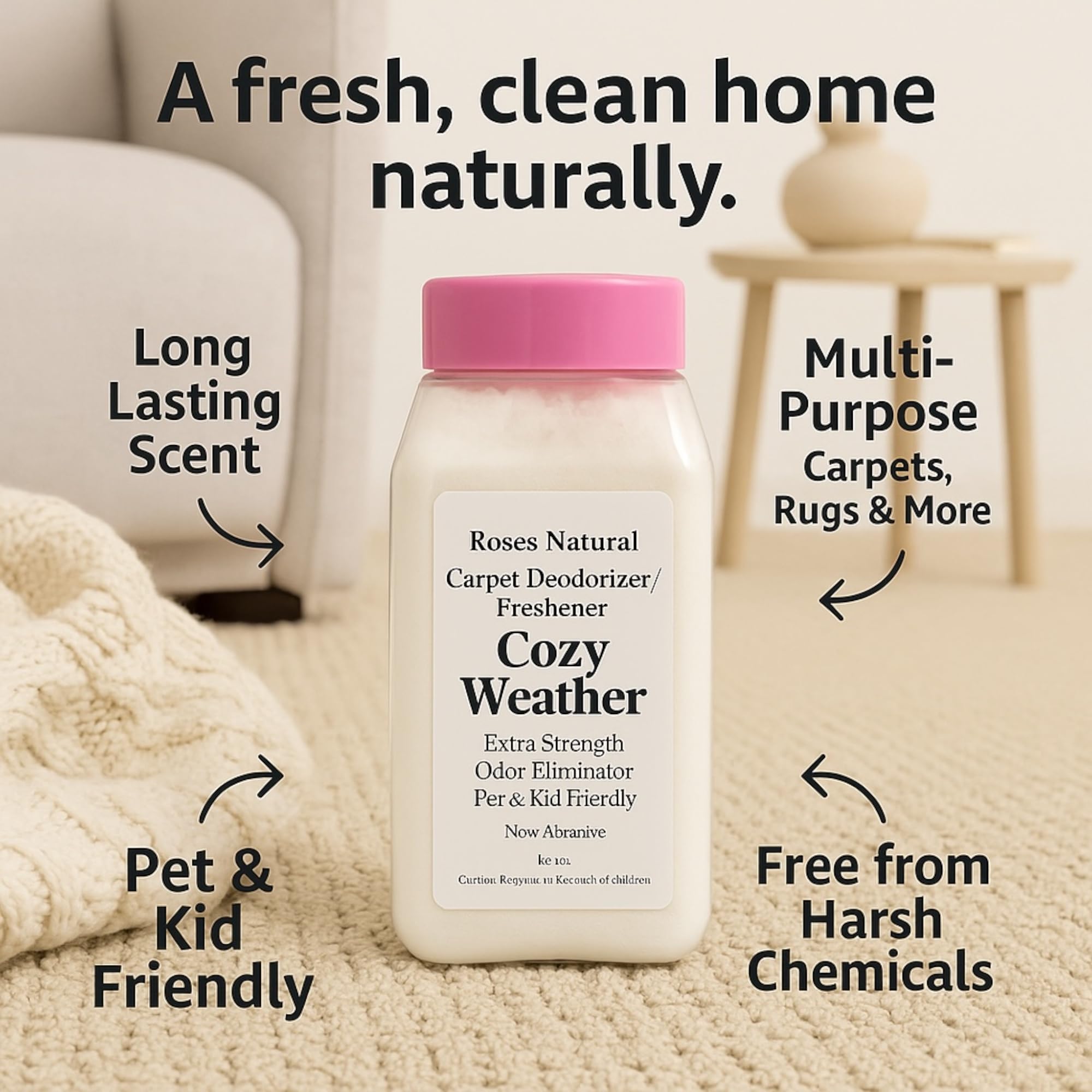 Cozy Weather Carpet Deodorizer Powder - 16 oz Inspired by Sweater Weather | Long-Lasting Fresh Scent, Natural Odor Eliminator | Pet & Kid Friendly