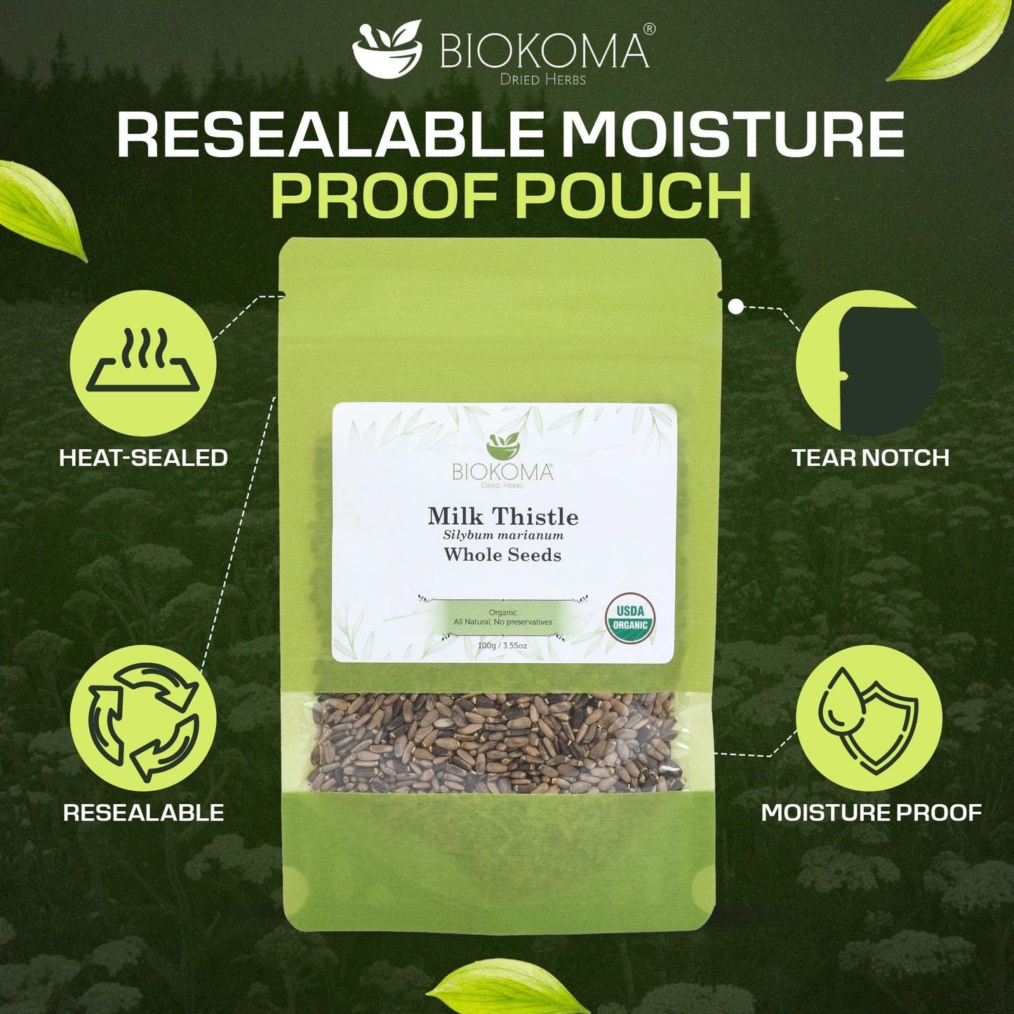 Biokoma Organic Milk Thistle Seeds 3.55 oz, Silybum Marianum for Milk Thistle Tea, USDA Organic Herbal Tea, Loose Whole Seeds in Resealable Moisture