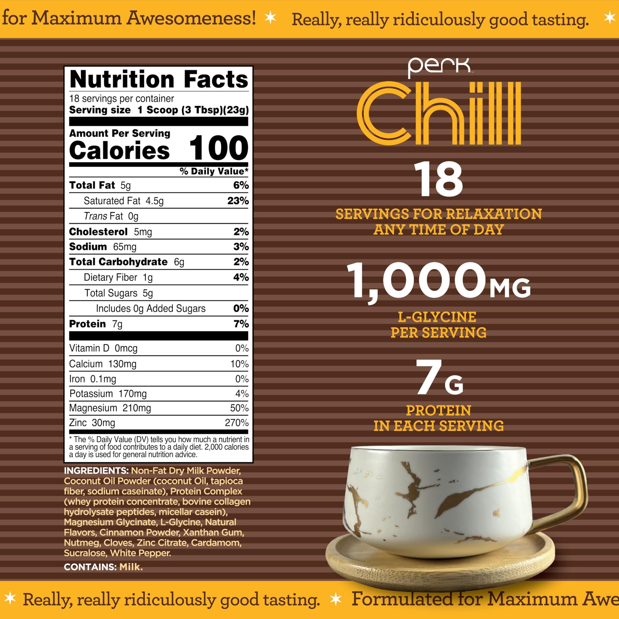Perk Chill Drink Mix (Chai Latte) 18 Servings - Calming Melatonin-Free Nighttime Sleep Aid Support with Magnesium & L-Glycine, Soy-Free, Peanut-Free