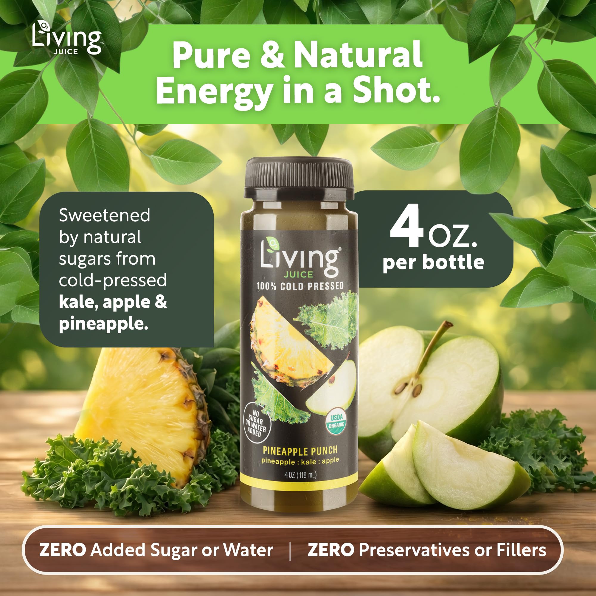 O2 Living Juice Cold Pressed Drink - Pineapple Punch Organic Juice Pack - No Added Sugars or Water, Naturally Sweetened from Fruits, Rich in Nutrients
