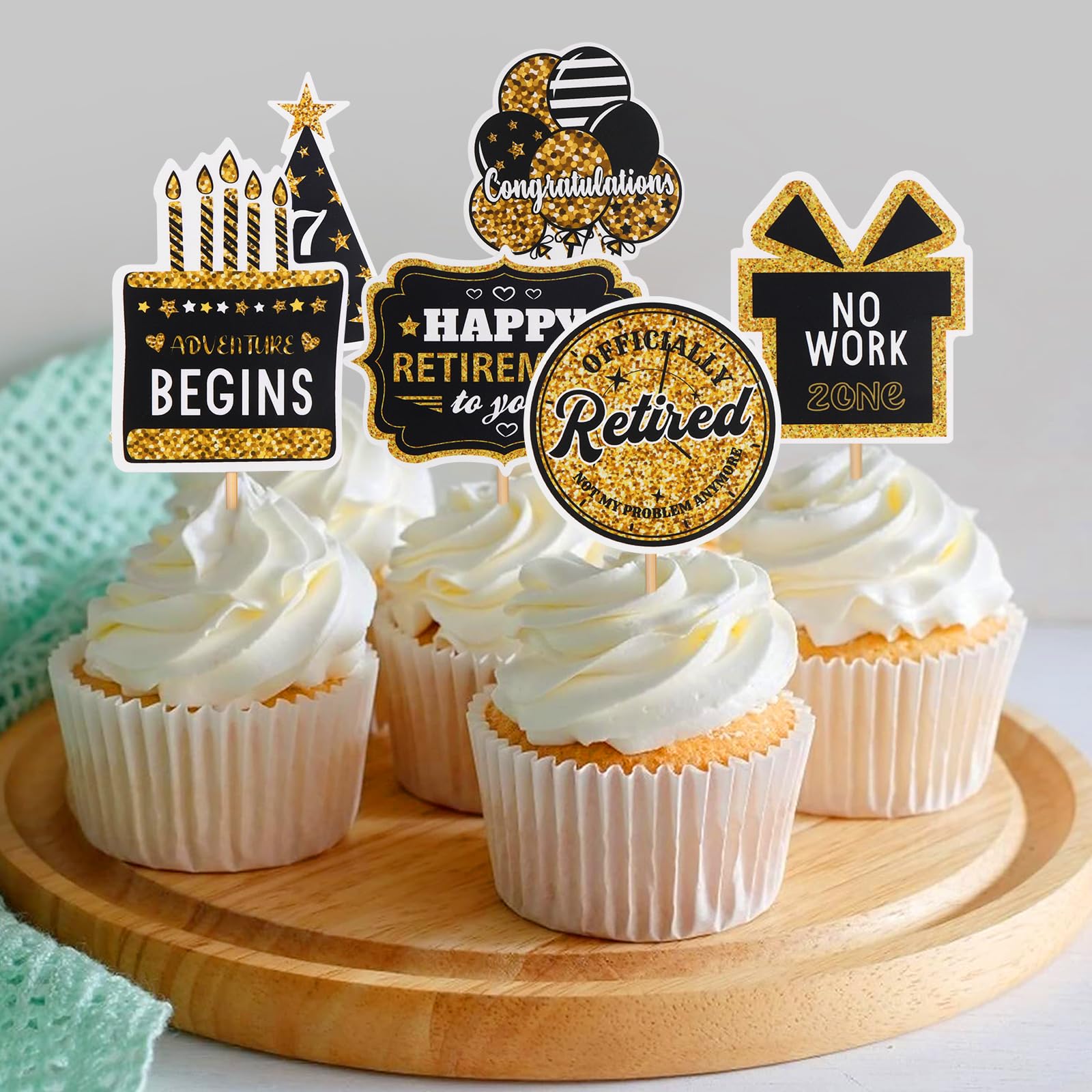60 Pcs Happy Retirement Cupcake Toppers, Gold Retired Cake Picks for Party Decoration - Birthday Cake Topper Supplies