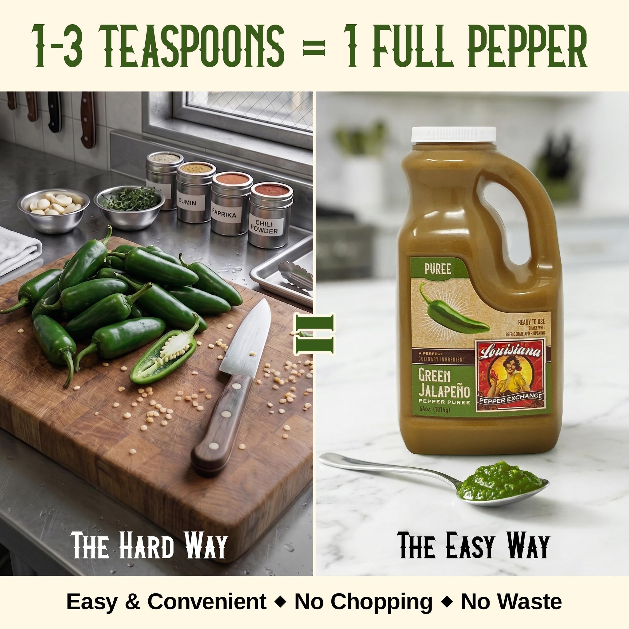 Green Jalapeño Pepper - Louisiana Pepper Exchange - Fresh Pepper Replacement. Save Time and Money in the Kitchen, No More Food Waste. 64 Ounces