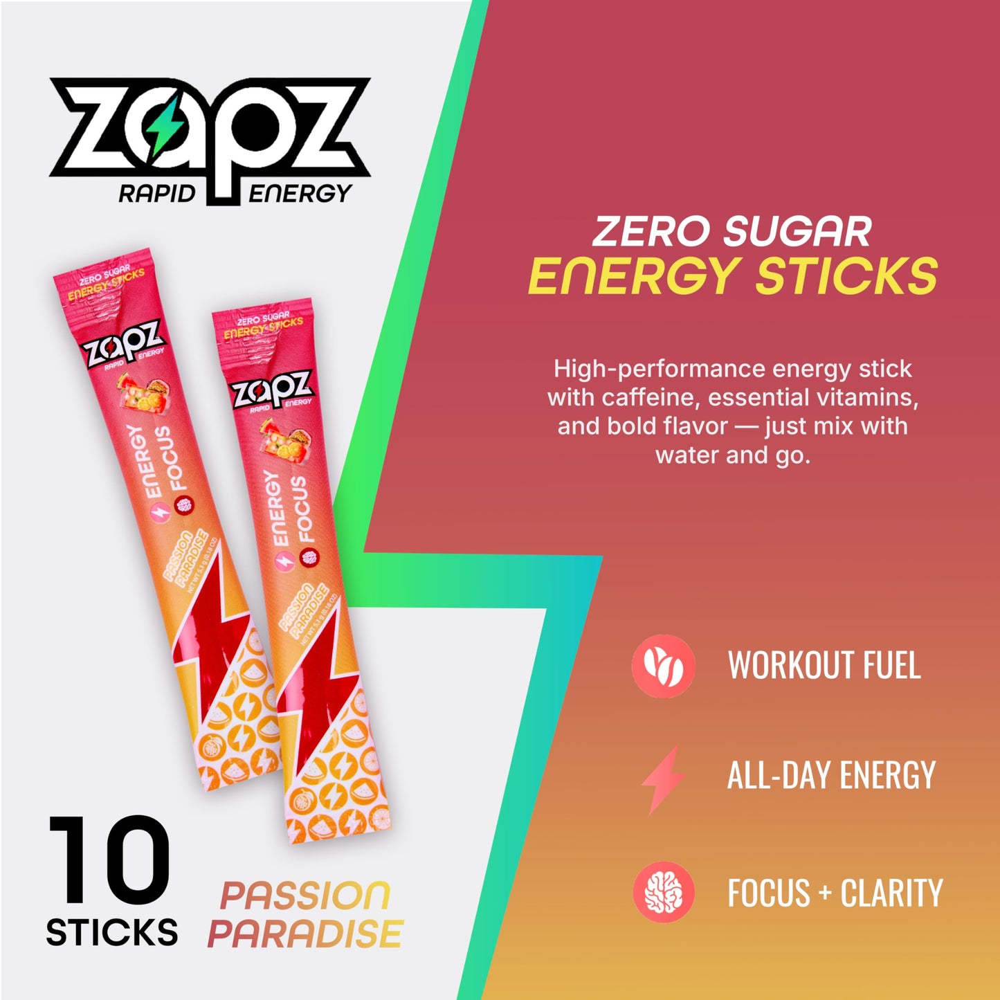 ZAPZ Caffeine Packets - Passion Fruit & Watermelon, 10-Pack, Sugar Free Energy Drink Mix Powder with 200mg Caffeine for Nootropics Focus Support