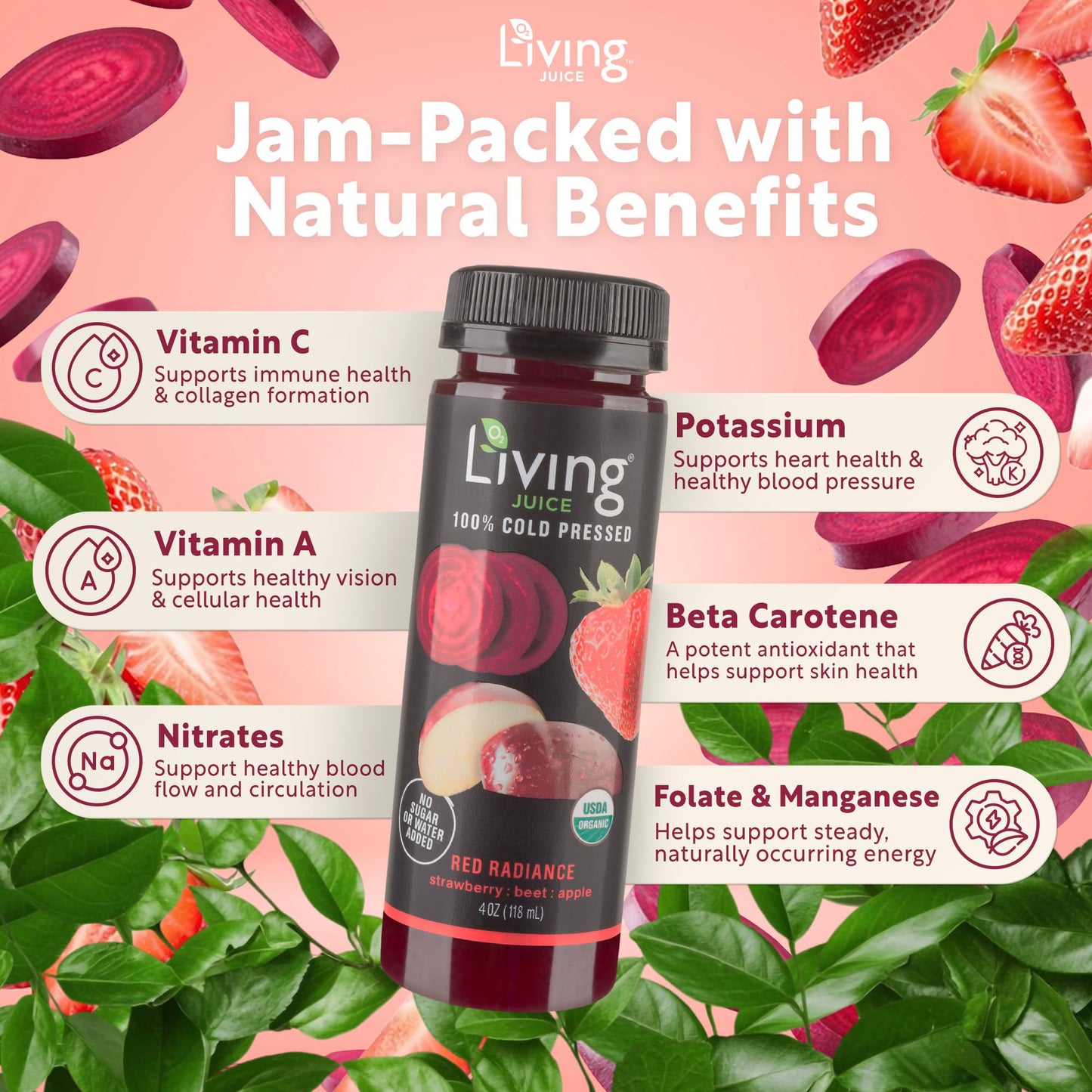 O2 Living Juice Cold Pressed Drink - Red Radiance Organic Juice Pack - No Added Sugar or Water, Naturally Sweetened from Fruits, Rich in Nutrients