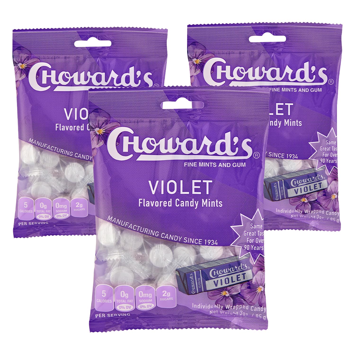 Choward's Violet Mints Candy Bag | Bold Aromatic Flavor | Perfect for Snacks in Lunchboxes, Travel, Sharing, and Gifting | Nostalgic Vintage Candy | 3