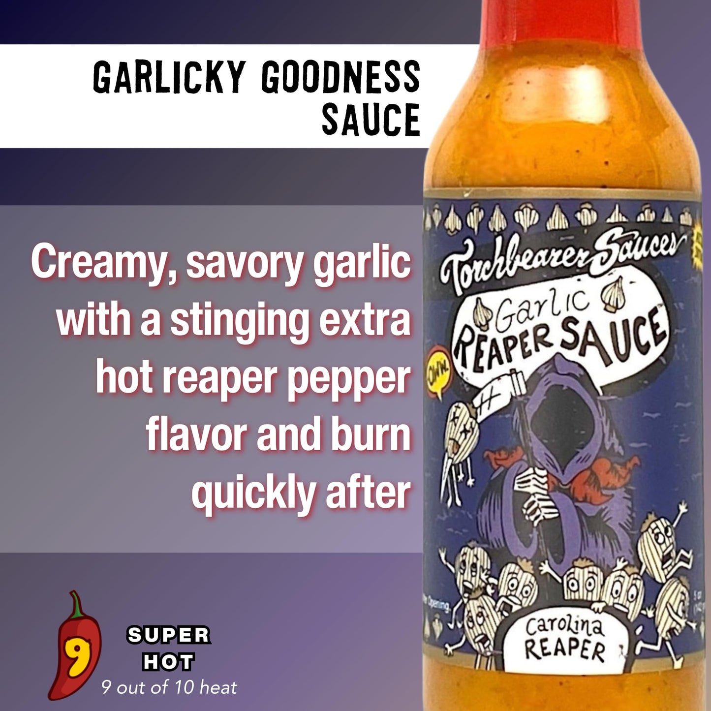 Torchbearer Sauces Garlic Reaper Sauce, 5oz Garlic & Carolina Reaper Hot Sauce, Heat Level 9 - Featured on Hot Ones - All Natural, Extract-Free, Made