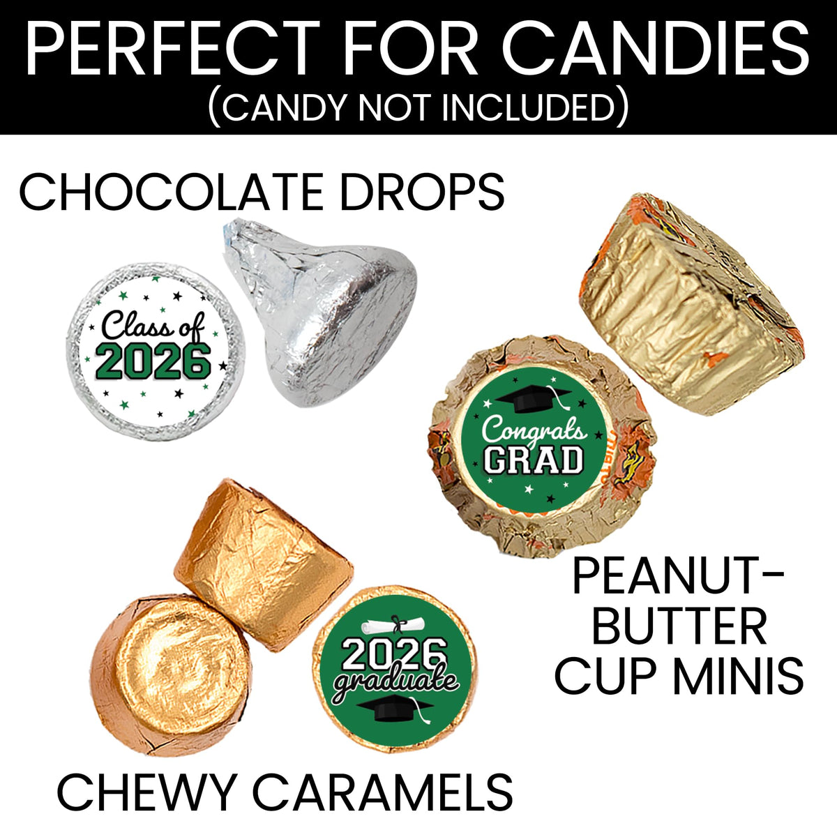 DISTINCTIVS Class of 2026 Graduation Candy Stickers for Chocolate Drops, Green Grad Party Favors - 216 Count