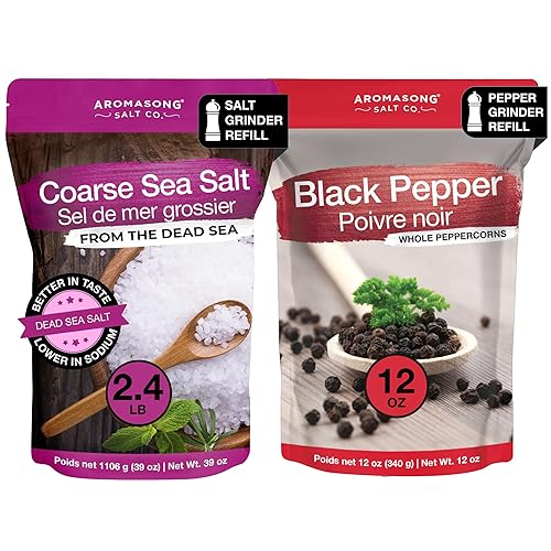 Aromasong Organic Coarse Sea Salt (2.43 LB.) with Black Peppercorn (12 OZ) Grinder, Mill Refill Combo Set for Cooking & Baking - Bulk Resealable Bag