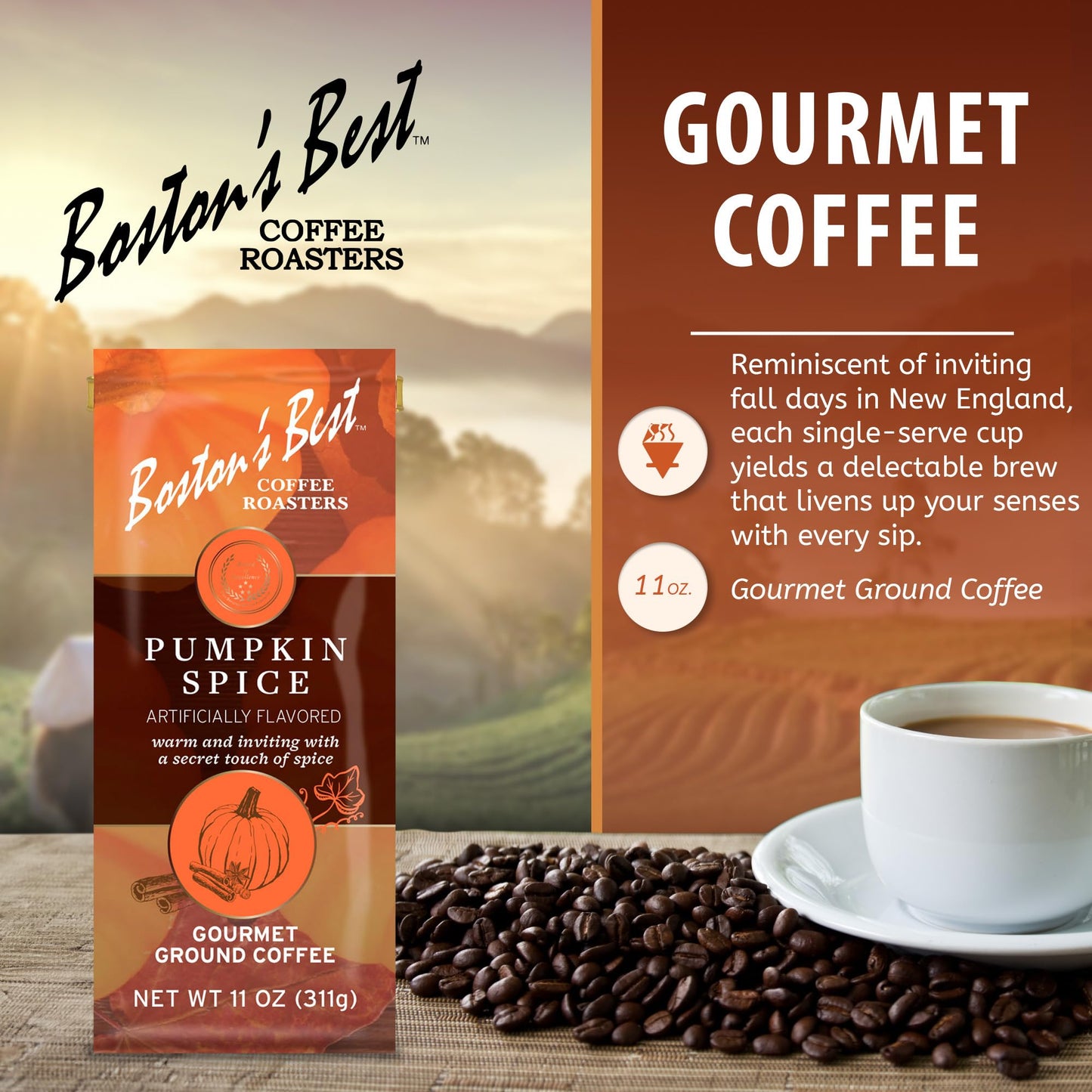 Boston’s Best Coffee - Fall-Inspired Pumpkin Spice Medium Roast Gourmet Delicious Flavored Coffee, Premium Ground - 11 oz. / 311 g Bag