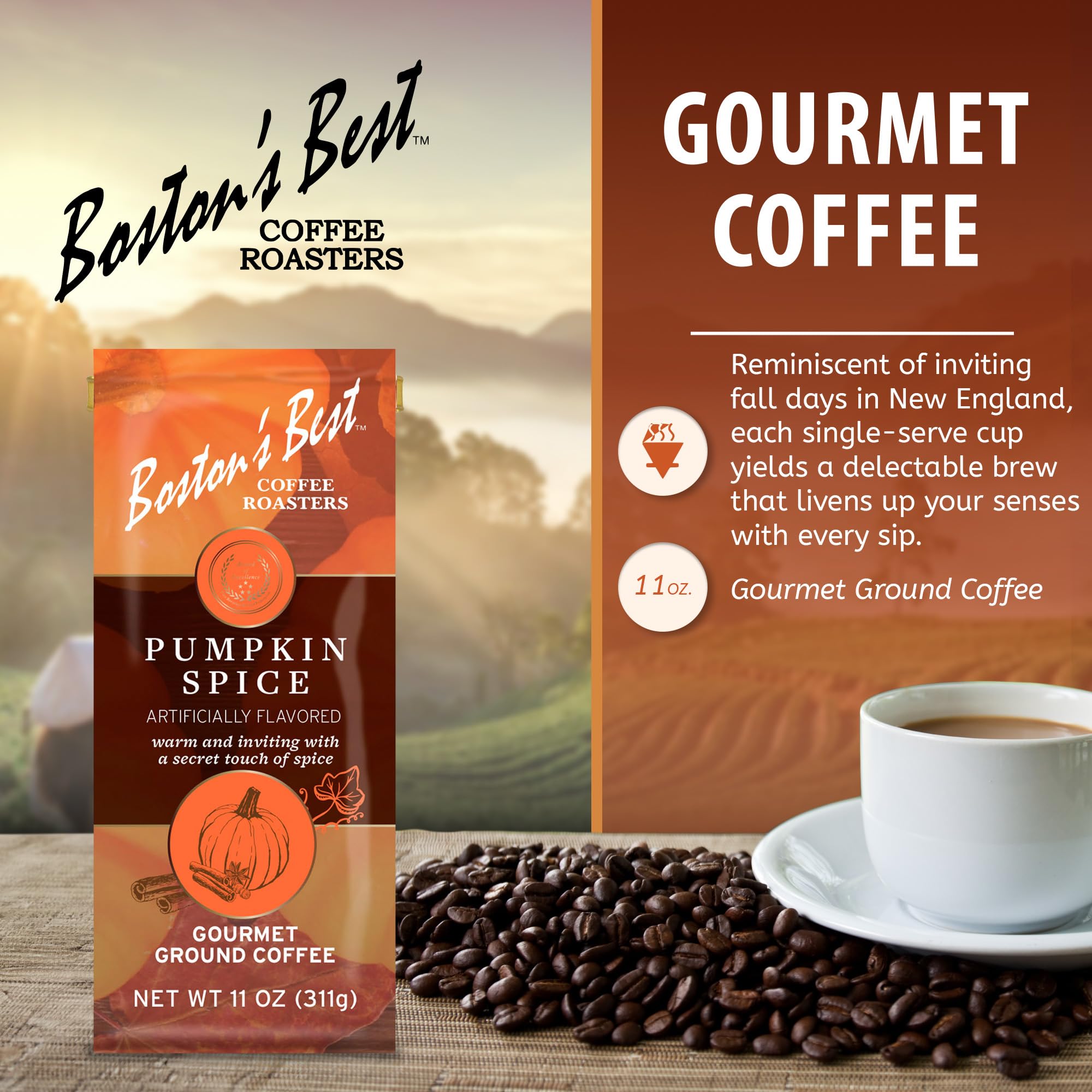 Boston’s Best Coffee - Fall-Inspired Pumpkin Spice Medium Roast Gourmet Delicious Flavored Coffee, Premium Ground - 11 oz. / 311 g Bag