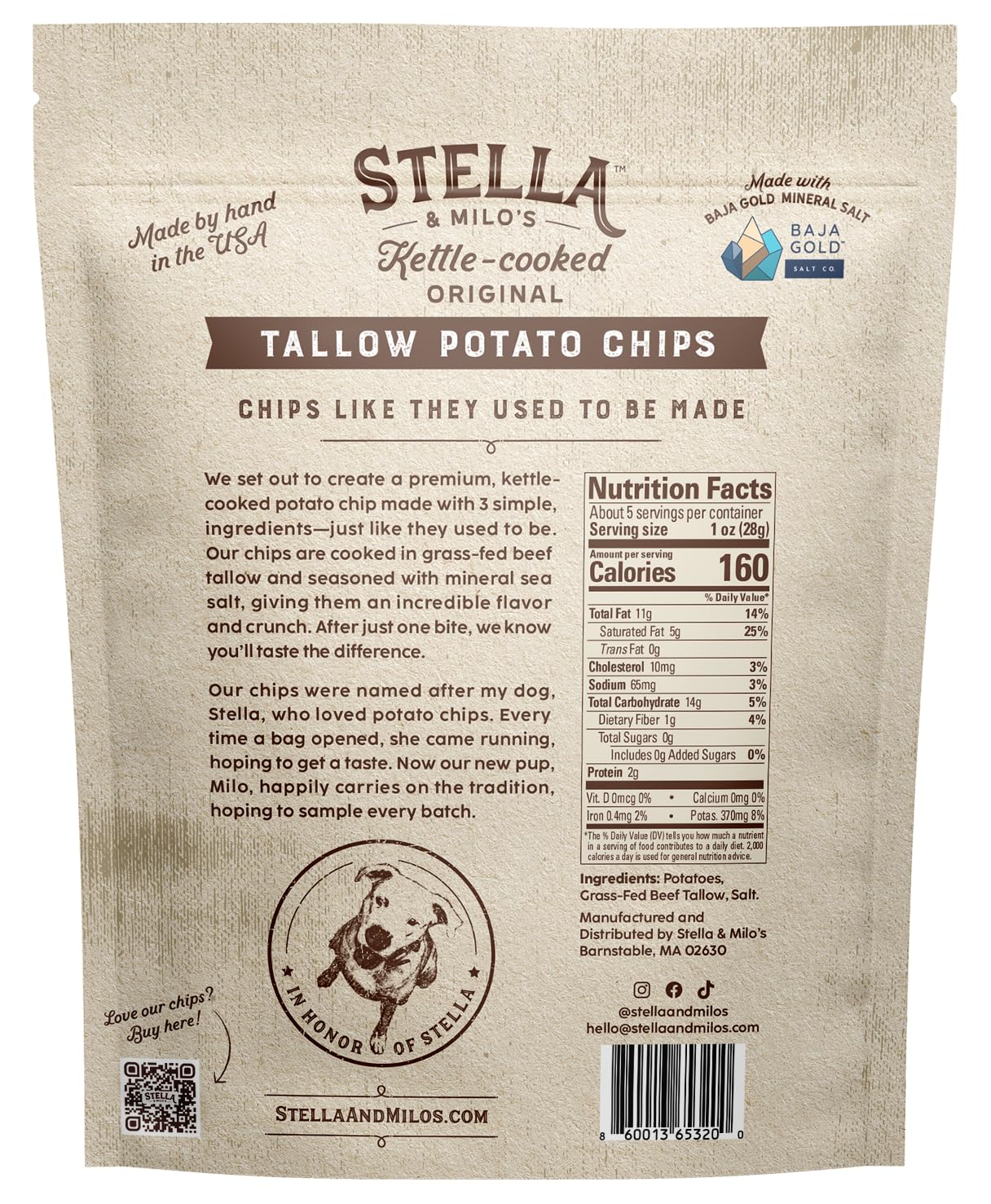 Stella & Milo's Kettle Cooked Beef Tallow Potato Chips, Seed Oil Free Chips Made with Grass Fed Beef Tallow, Original Flavor, 5 oz 4-pack