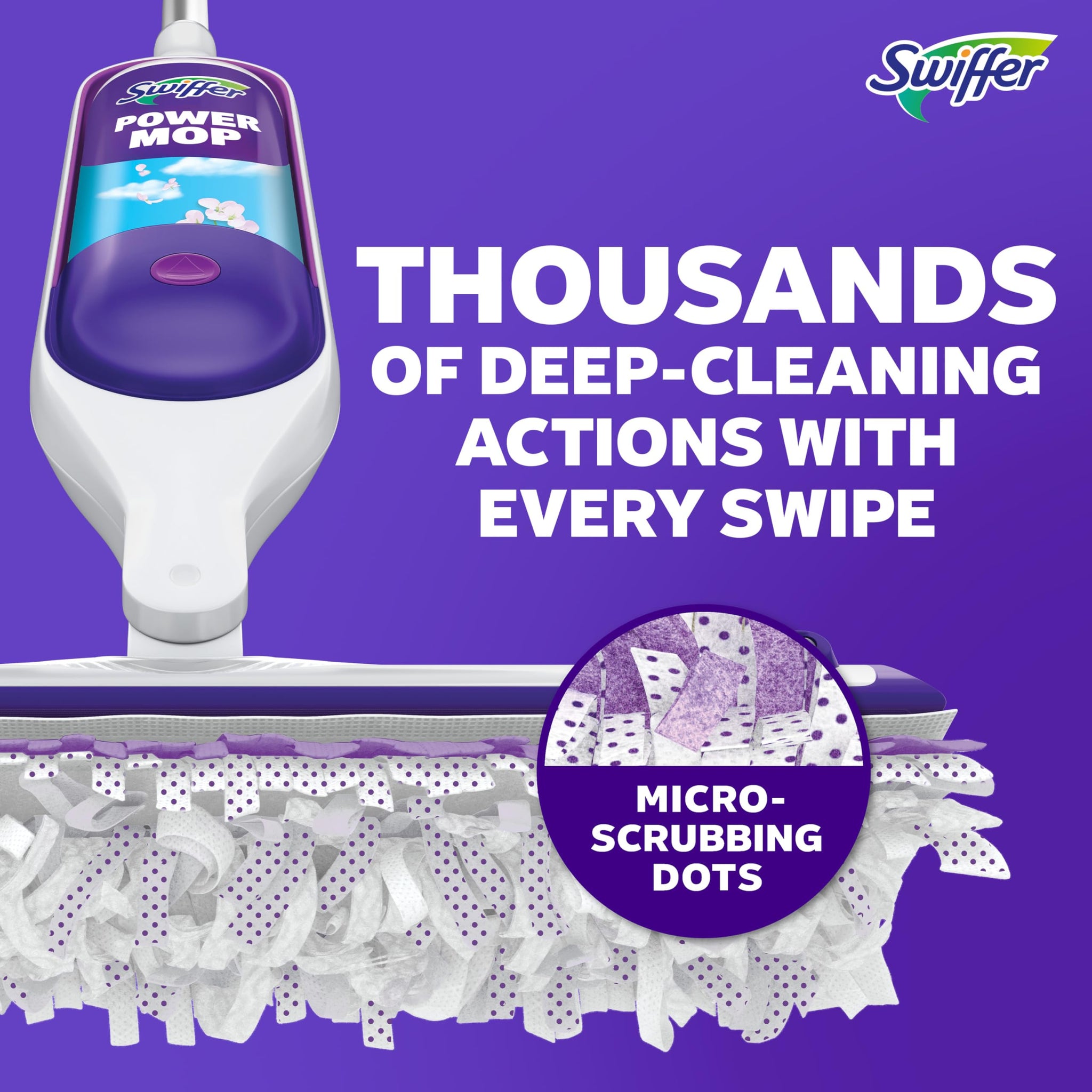 Swiffer PowerMop Mopping Kit for Floor Cleaning, Set Includes 1 Power Mop, 2 Replacement Pads, 1 Liquid Solution Refill, 2 Batteries, No Bucket Needed