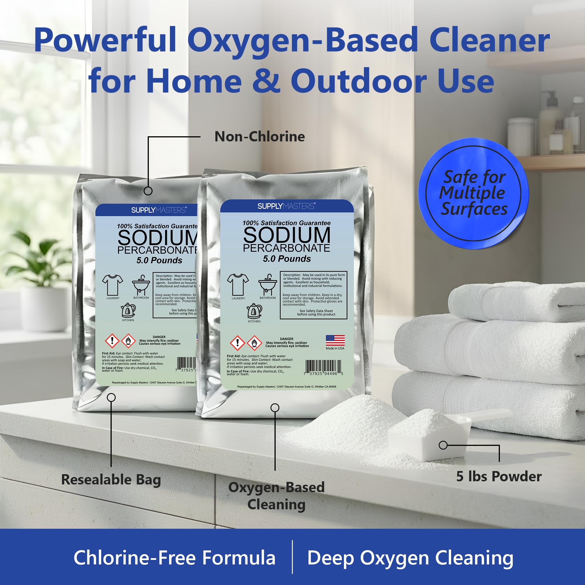 Supply Masters Sodium Percarbonate Powder 2 Pack (10 lbs Total) - Oxygen Bleach Alternative & Stain Remover - Multi-Purpose Cleaner for Laundry