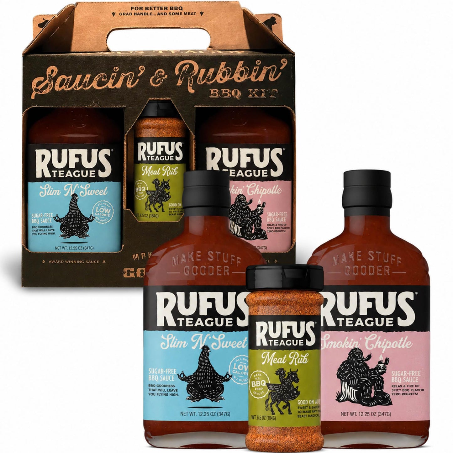 Rufus Teague Sugar-Free BBQ Sauces and Dry Rub Gift Set, Gluten-Free 3pk