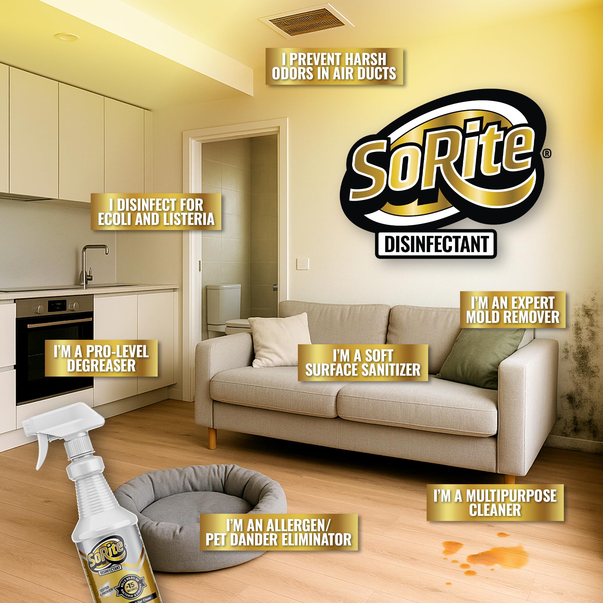 SoRite Disinfectant Spray - Multi Surface Cleaner, Antibacterial House Cleaning Supplies, Bathroom and Kitchen, Household Essentials, Sanitizer