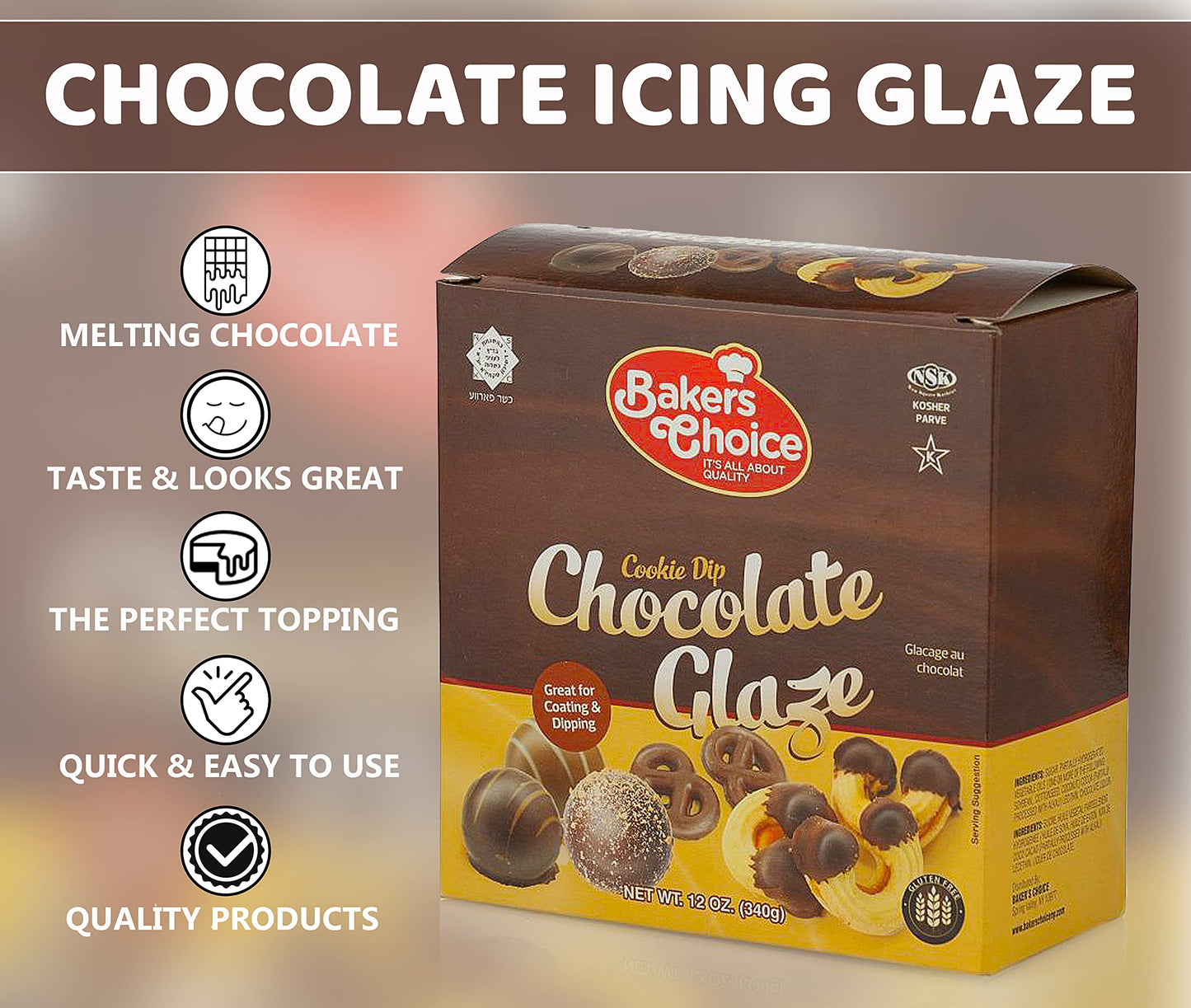Chocolate Icing Glaze - 12 oz. Microwavable Melting Chocolate for Molds, for Decorating and Dipping Cakes, Cookies, and Pretzels, for Fondue