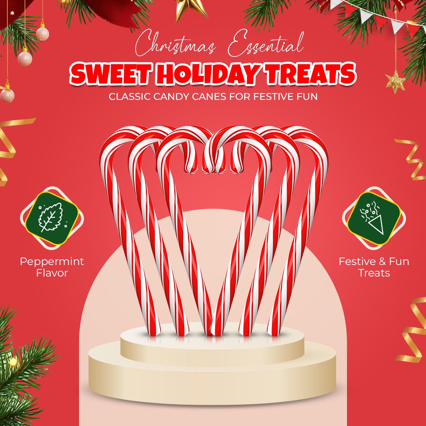 Christmas Candy Canes 12 Pack - Classic Red & White Peppermint Cane Sticks Individually Wrapped - Bulk Christmas Candy for Holiday Treats