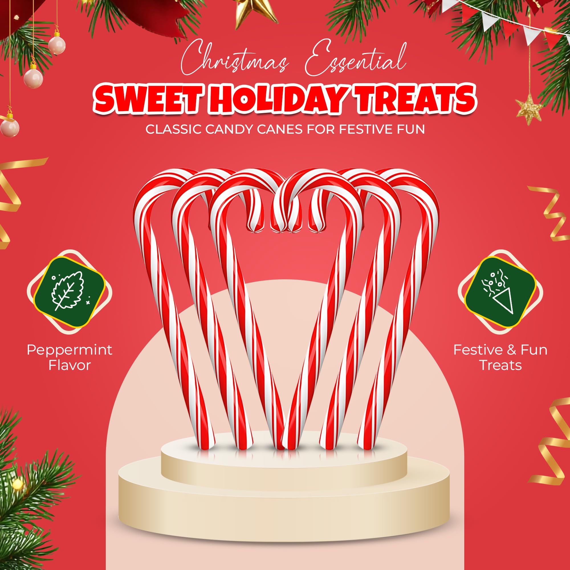 Christmas Candy Canes 12 Pack - Classic Red & White Peppermint Cane Sticks Individually Wrapped - Bulk Christmas Candy for Holiday Treats