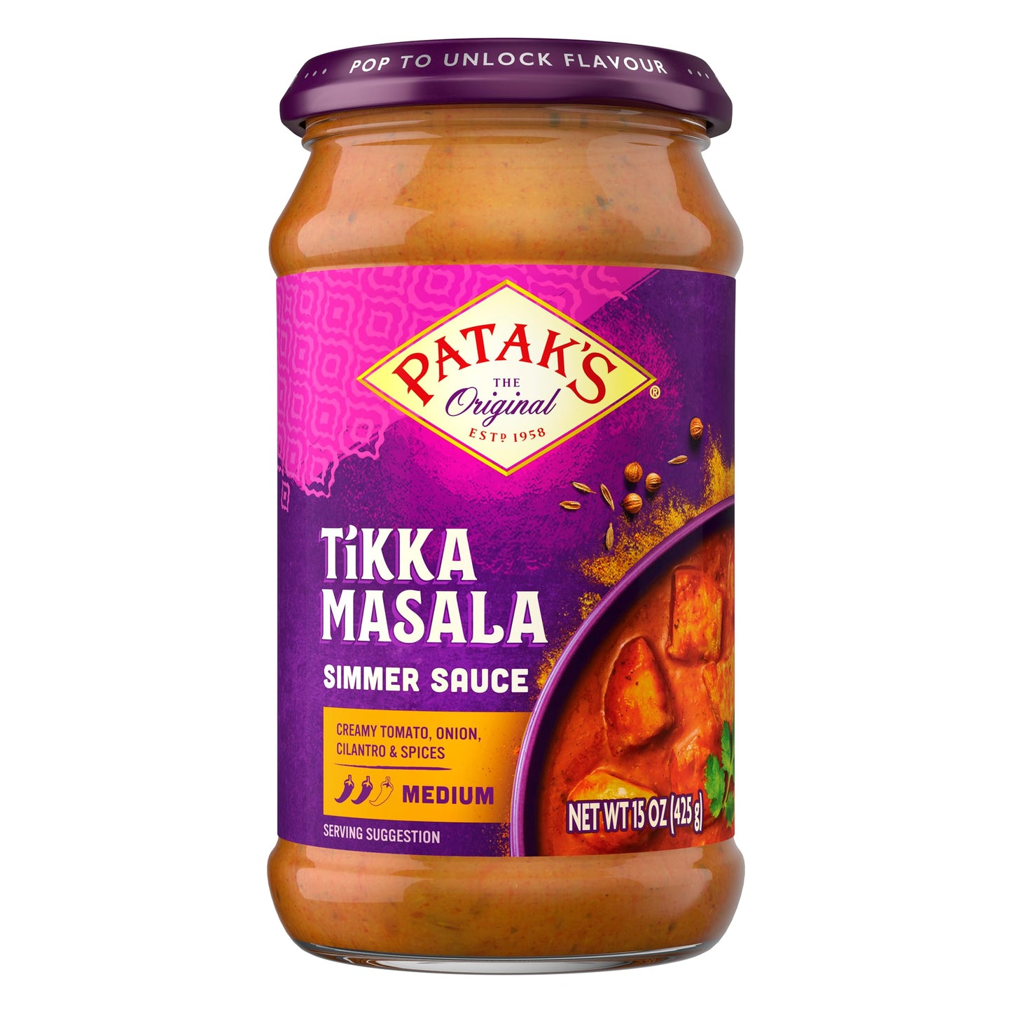 Patak's Tikka Masala Simmer Sauce, Medium-Spiced Curry with Yogurt, Tomatoes & Spices, Gluten-Free & Vegetarian Indian, Perfect for Quick & Easy