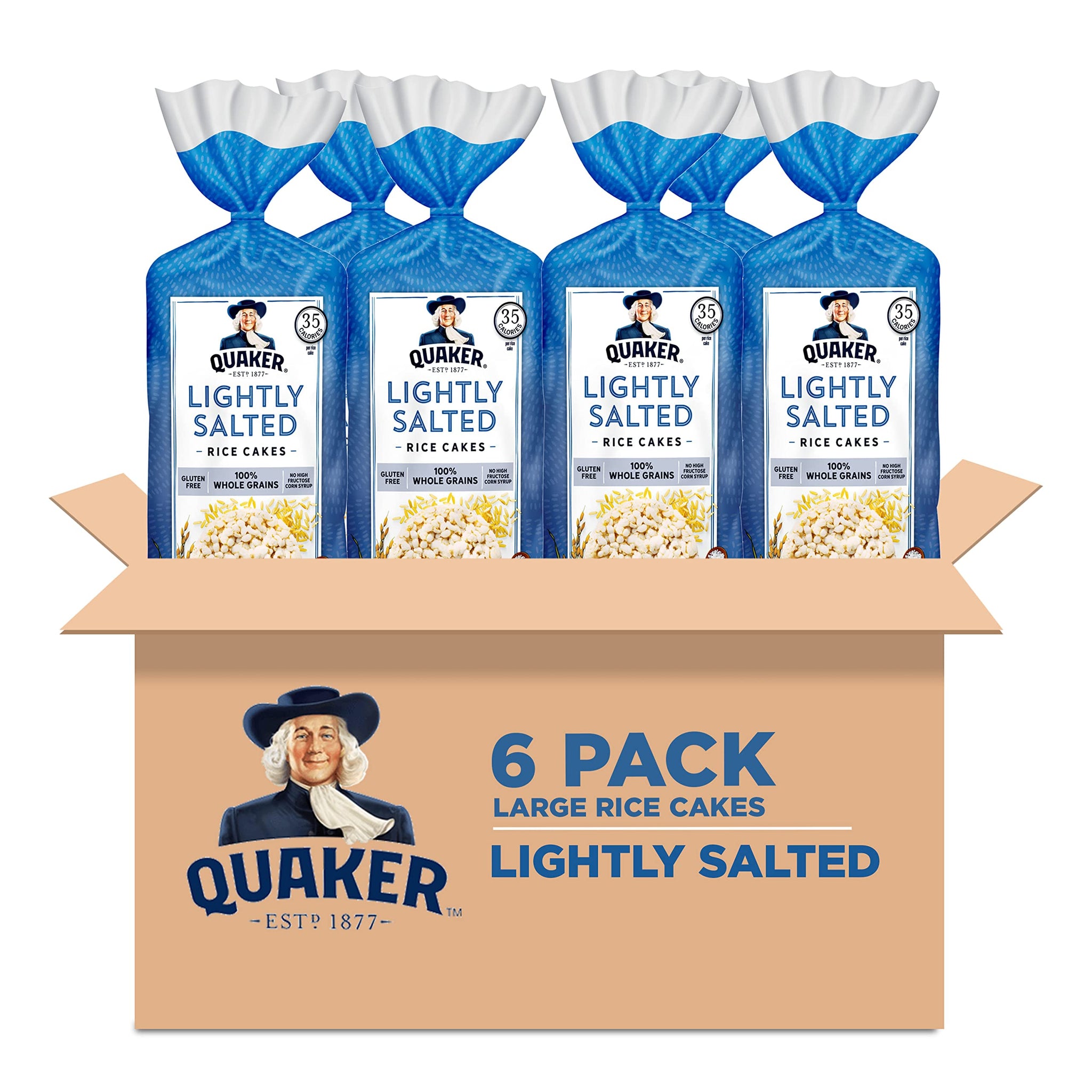 Quaker Large Rice Cakes, Lightly Salted, Gluten Free, 100% Whole Grains, 4.47 Oz, Pack of 6
