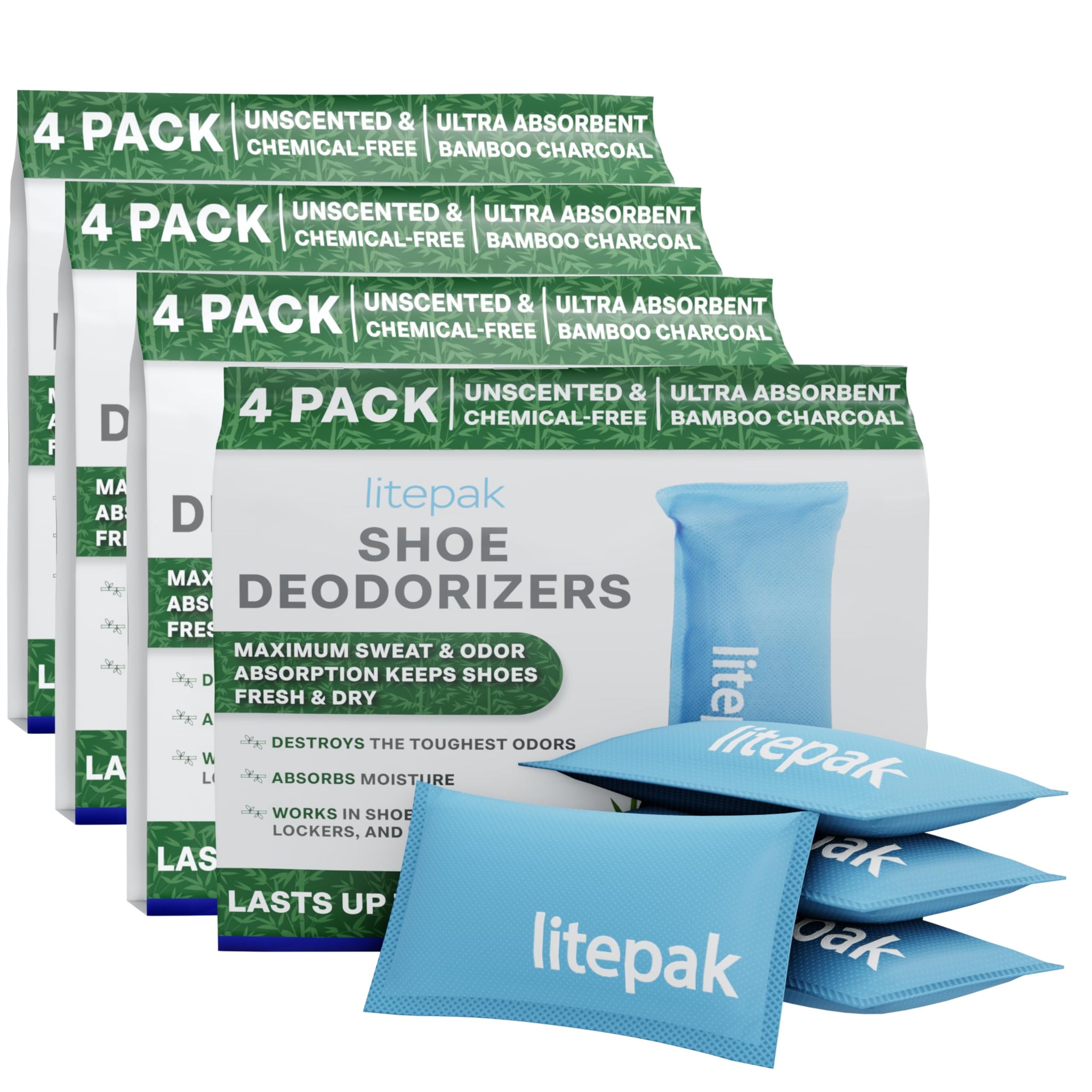 Litepak Shoe Deodorizer and Odor Eliminator Activated Charcoal Odor Absorber for Shoes and Gym Bags, Natural Bamboo Air Freshener for Boots, Closet Or