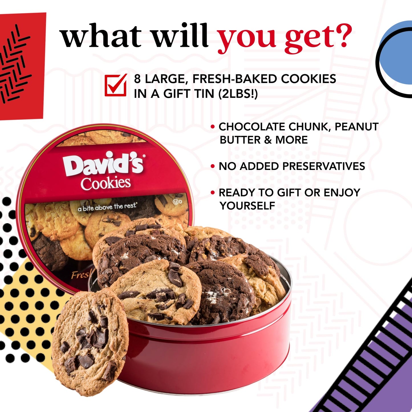 David's Cookies Assorted Fresh Baked Decadent Cookie Gift Tin - 2lb Basket with 8 Jumbo Cookies - Soft and Chewy Bakery-Style Dessert for Birthdays