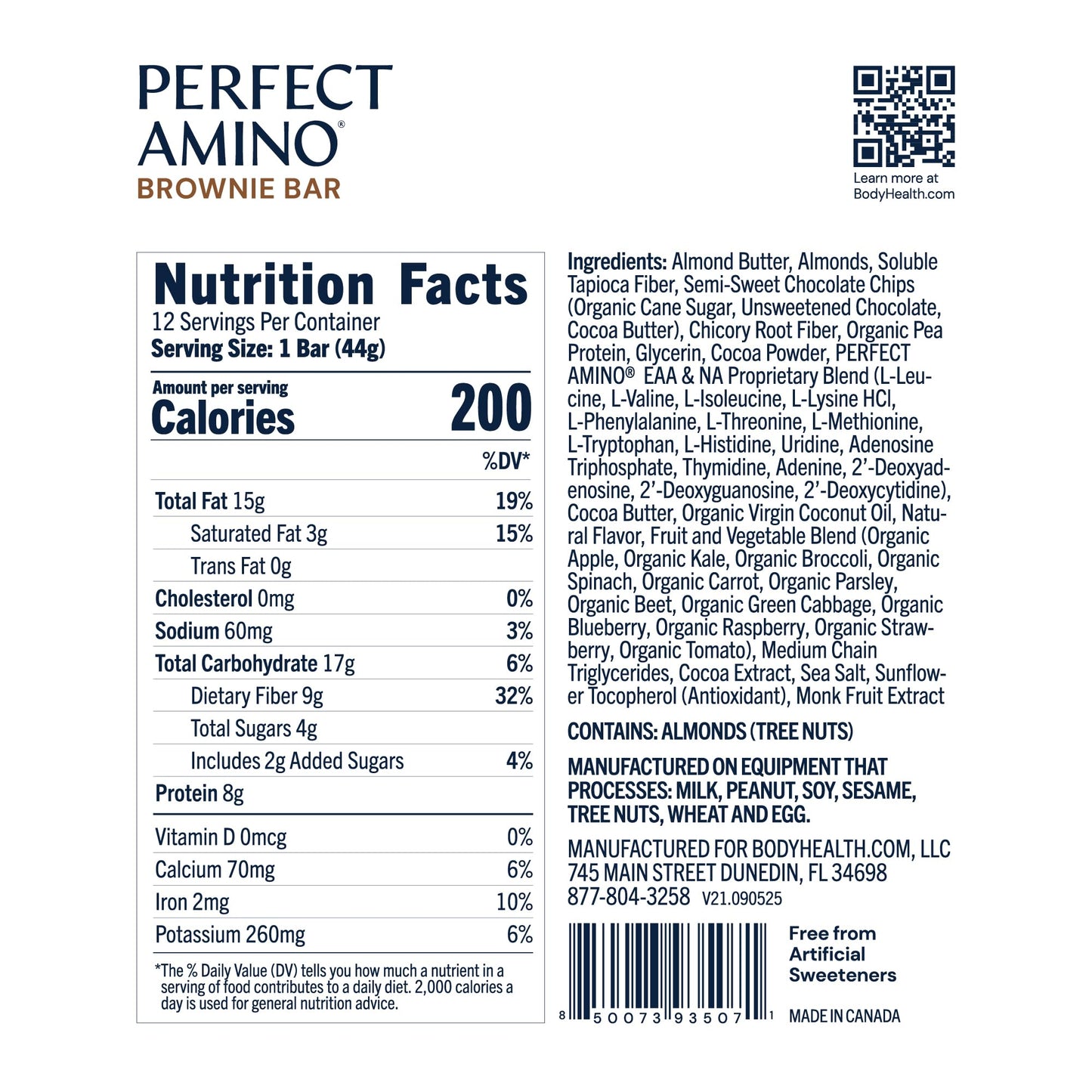 BodyHealth PerfectAmino Bar - Protein Energy Snack with 8g Protein, Plant-Based MCTs, Superfood Blend, Non-GMO, Gluten, Dairy & Soy Free (Brownie, 12