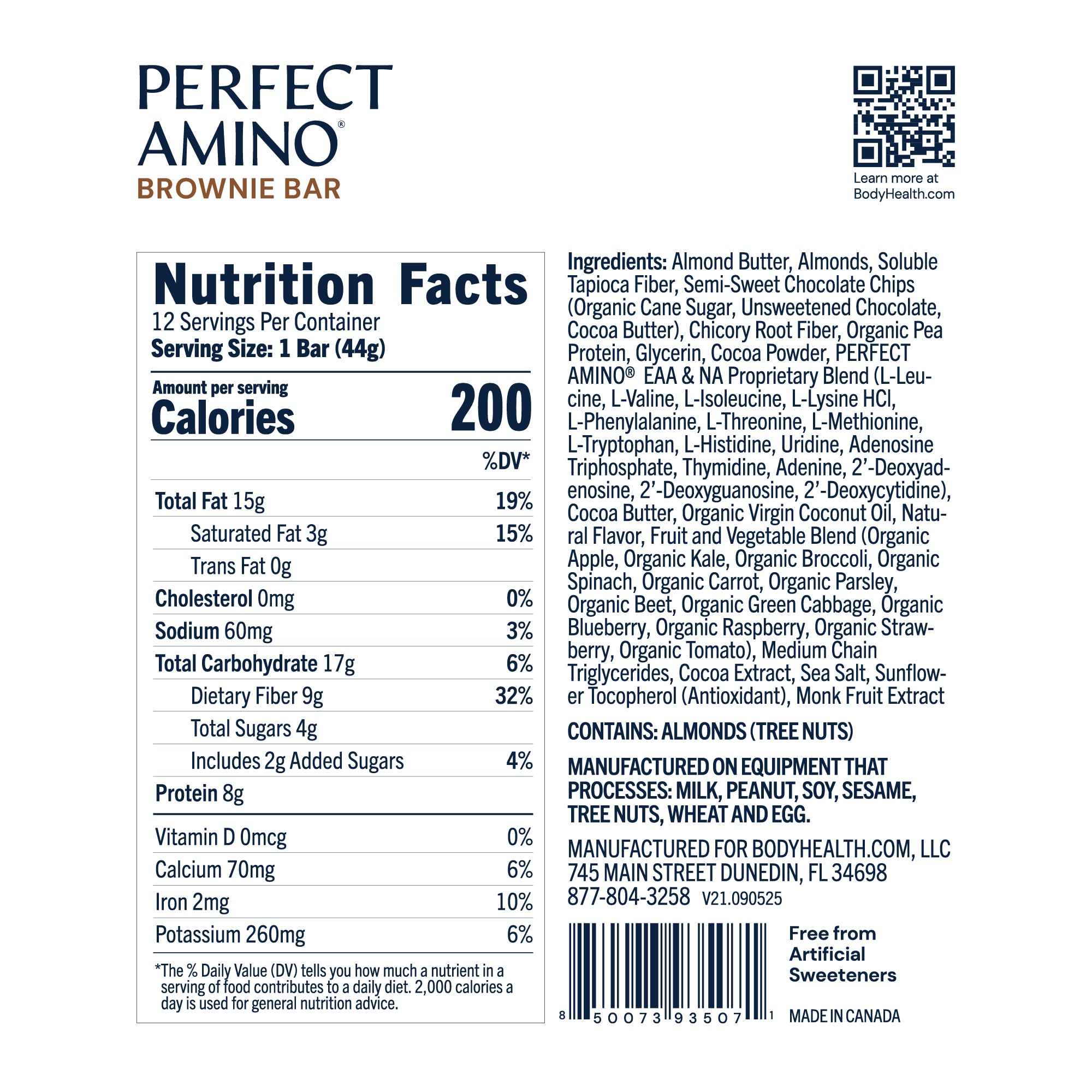 BodyHealth PerfectAmino Bar - Protein Energy Snack with 8g Protein, Plant-Based MCTs, Superfood Blend, Non-GMO, Gluten, Dairy & Soy Free (Brownie, 12