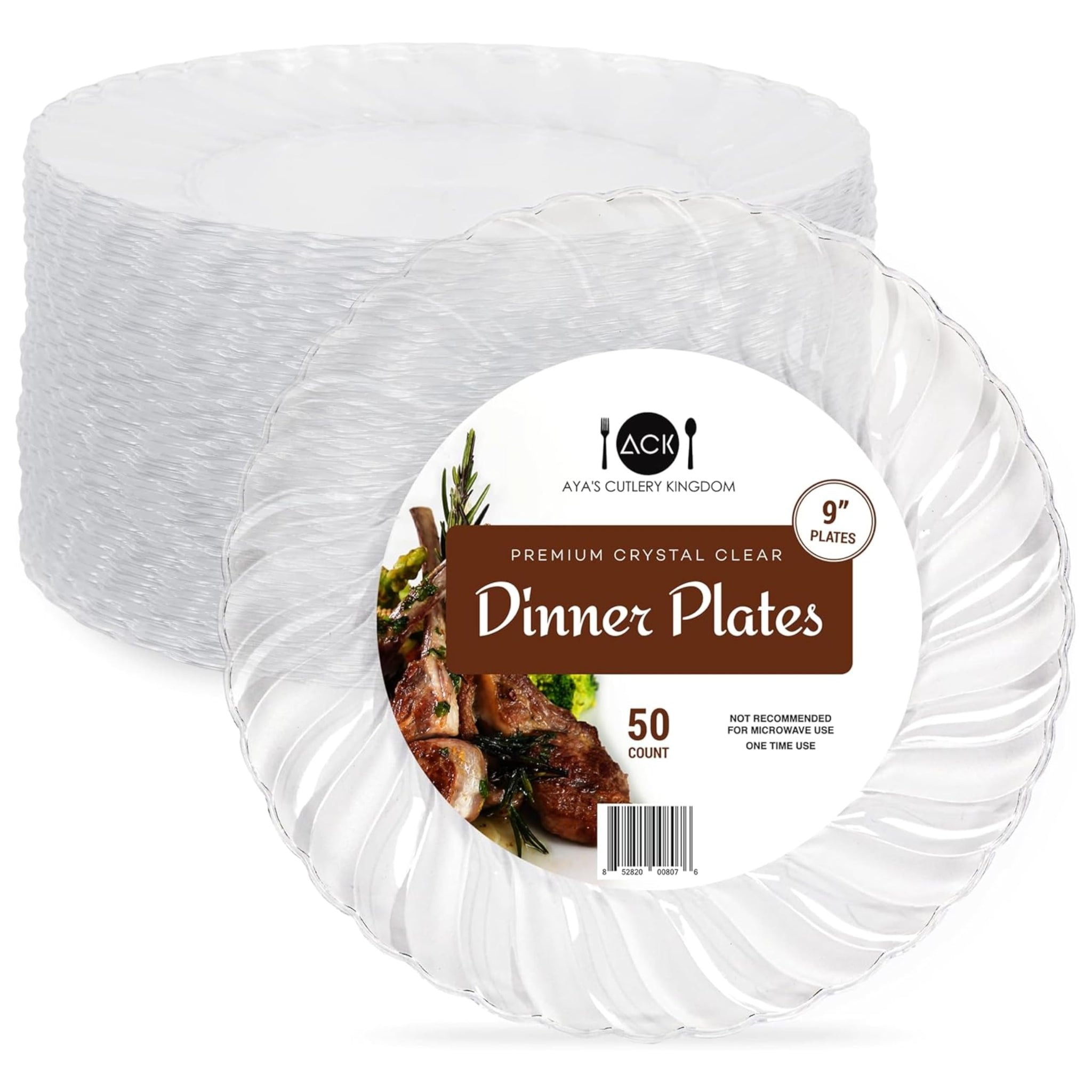 Aya's Cutlery Kingdom 50 Pack Clear Plastic Plates 9 Inch - Heavy Duty, Round, Disposable Plates for Parties, Weddings, and Events - Elegant Party