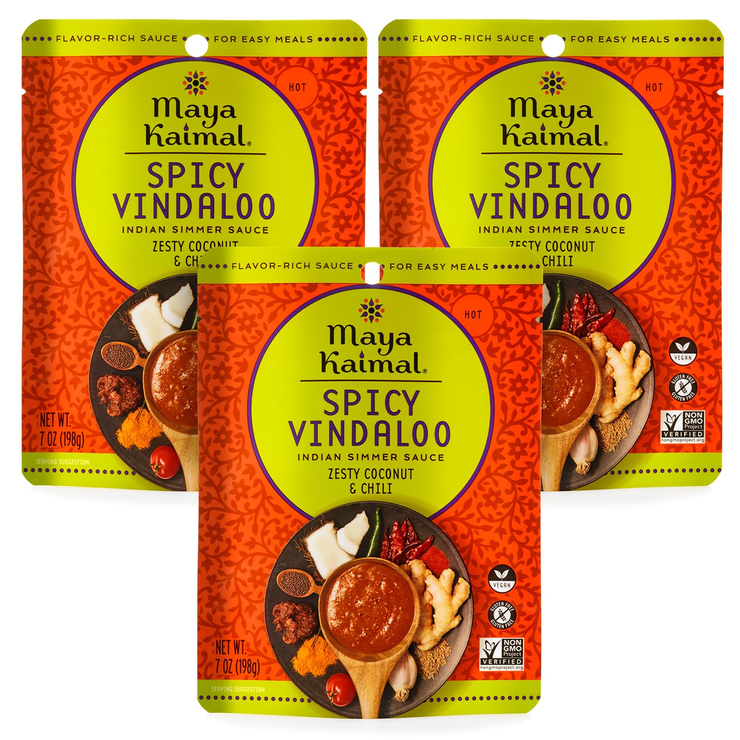 MAYA KAIMAL Spicy Vindaloo Simmer Sauce | 7oz Easy Pour Pouch | Spicy Indian Simmer Sauce with Zesty Coconut and Chili, Vegan, Gluten Free,
