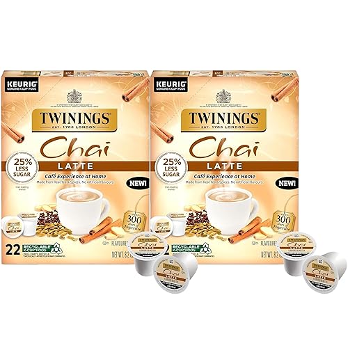 Twinings Chai Latte Black Tea Single Serve K-Cup Pods for Keurig, 22 Count (Pack of 2) Creamy, Slightly Sweet, Less Sugar, Caffeinated, Enjoy Hot or