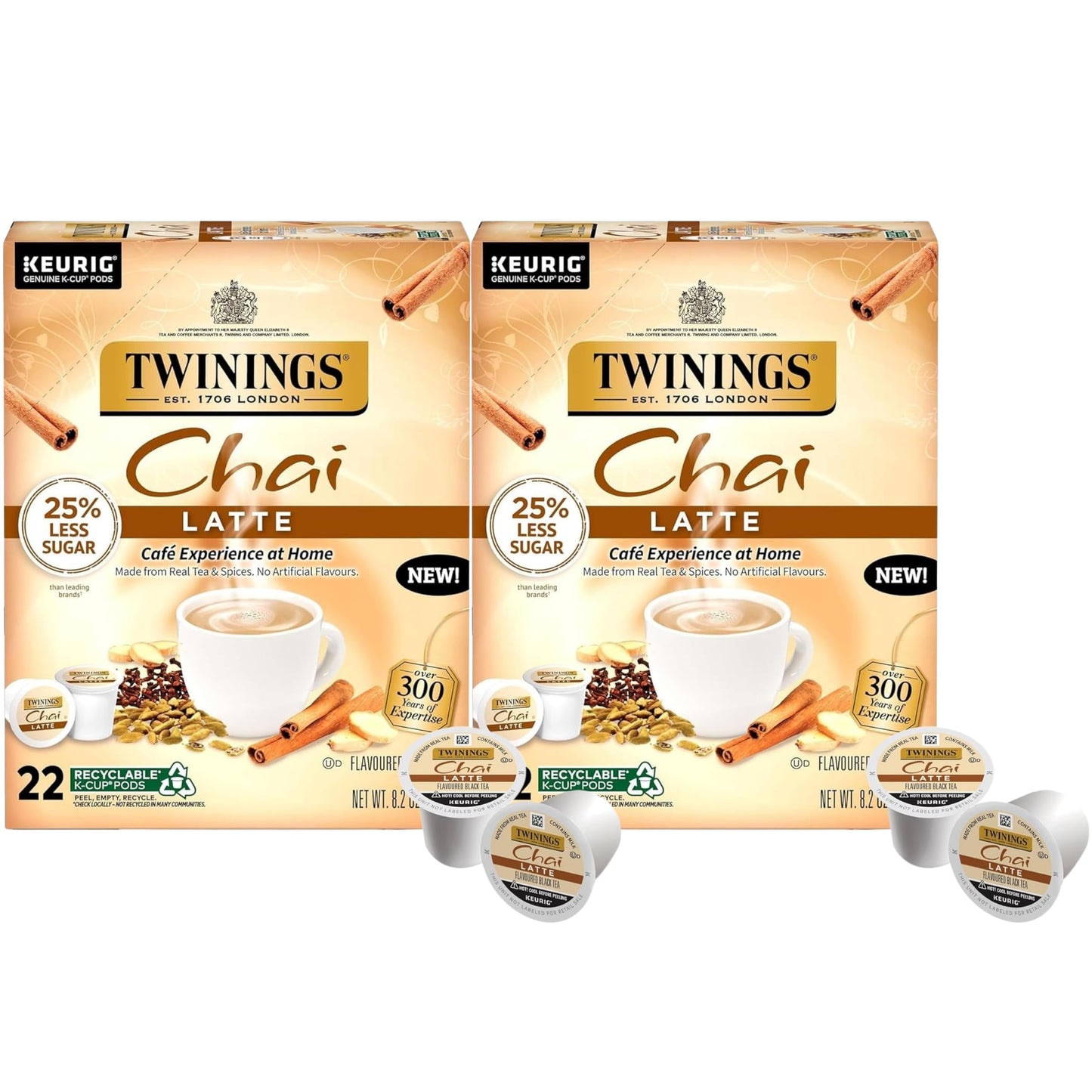 Twinings Chai Latte Black Tea Single Serve K-Cup Pods for Keurig, 22 Count (Pack of 2) Creamy, Slightly Sweet, Less Sugar, Caffeinated, Enjoy Hot or