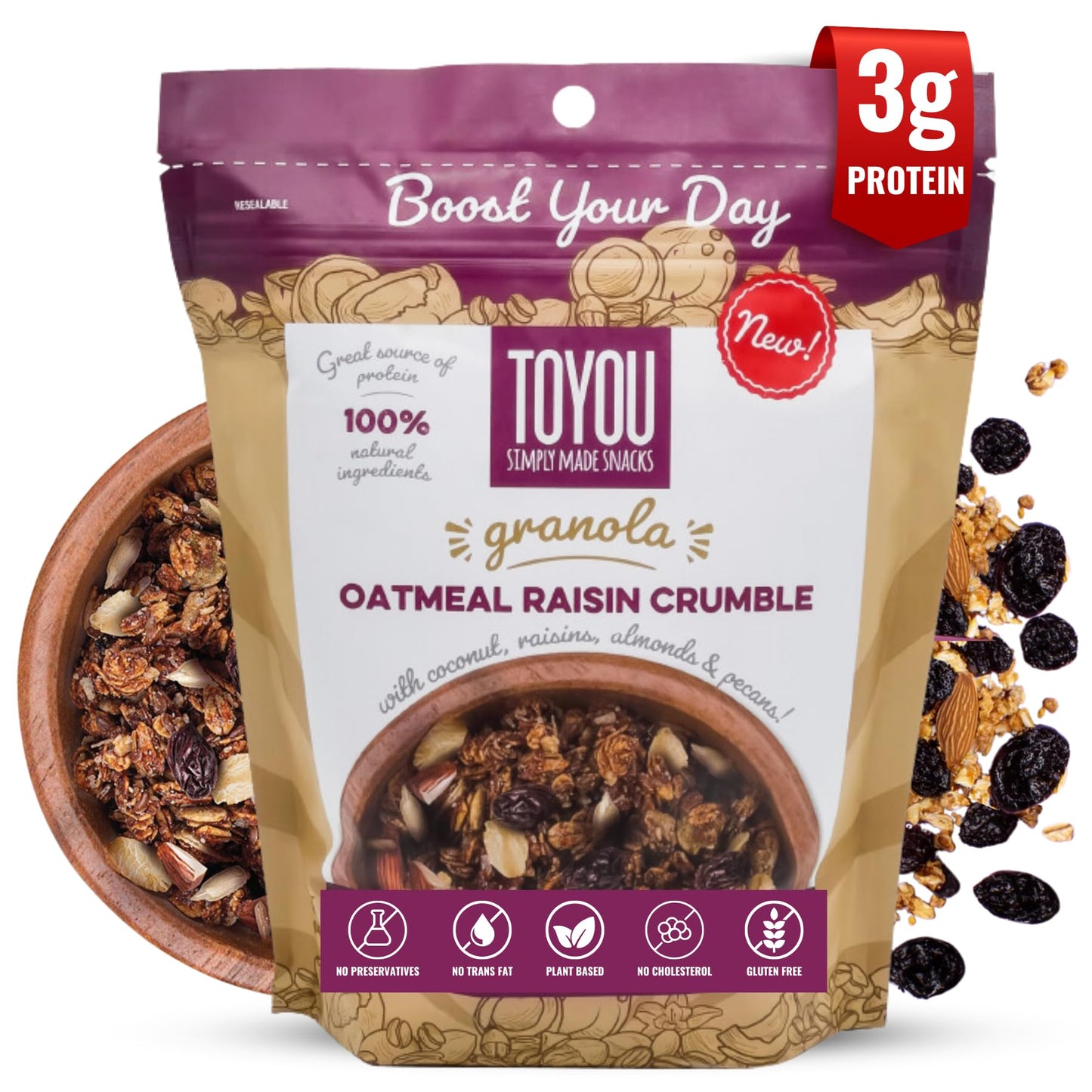 ToYou Snacks Granola, Dried Fruit and Granola Cereal, Gluten Free, Vegan, Healthy Snacks for Adults and Kids, Breakfast Cereal with Protein and Fiber