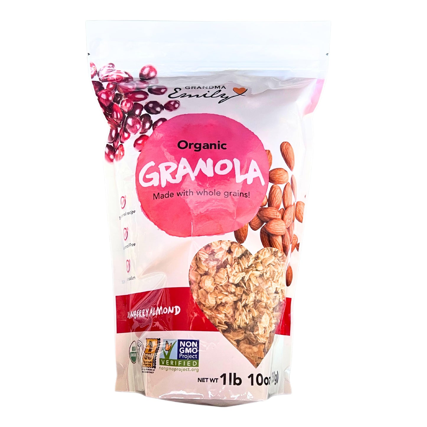 Grandma Emily Organic Cranberry Almond Granola Cereal Vegan with Almonds, Cranberries and Oat, 1lb 10oz