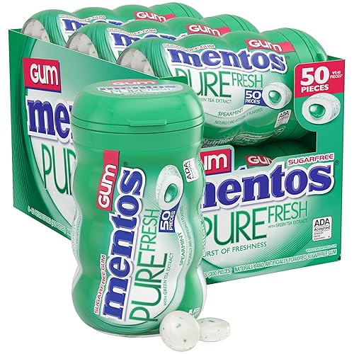 Mentos Pure Fresh Sugar Free Gum, Spearmint, 50 Piece Bottle, Pack of 6