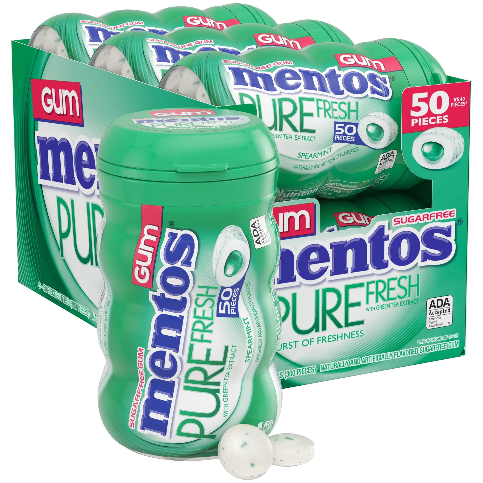 Mentos Pure Fresh Sugar Free Gum, Spearmint, 50 Piece Bottle, Pack of 6