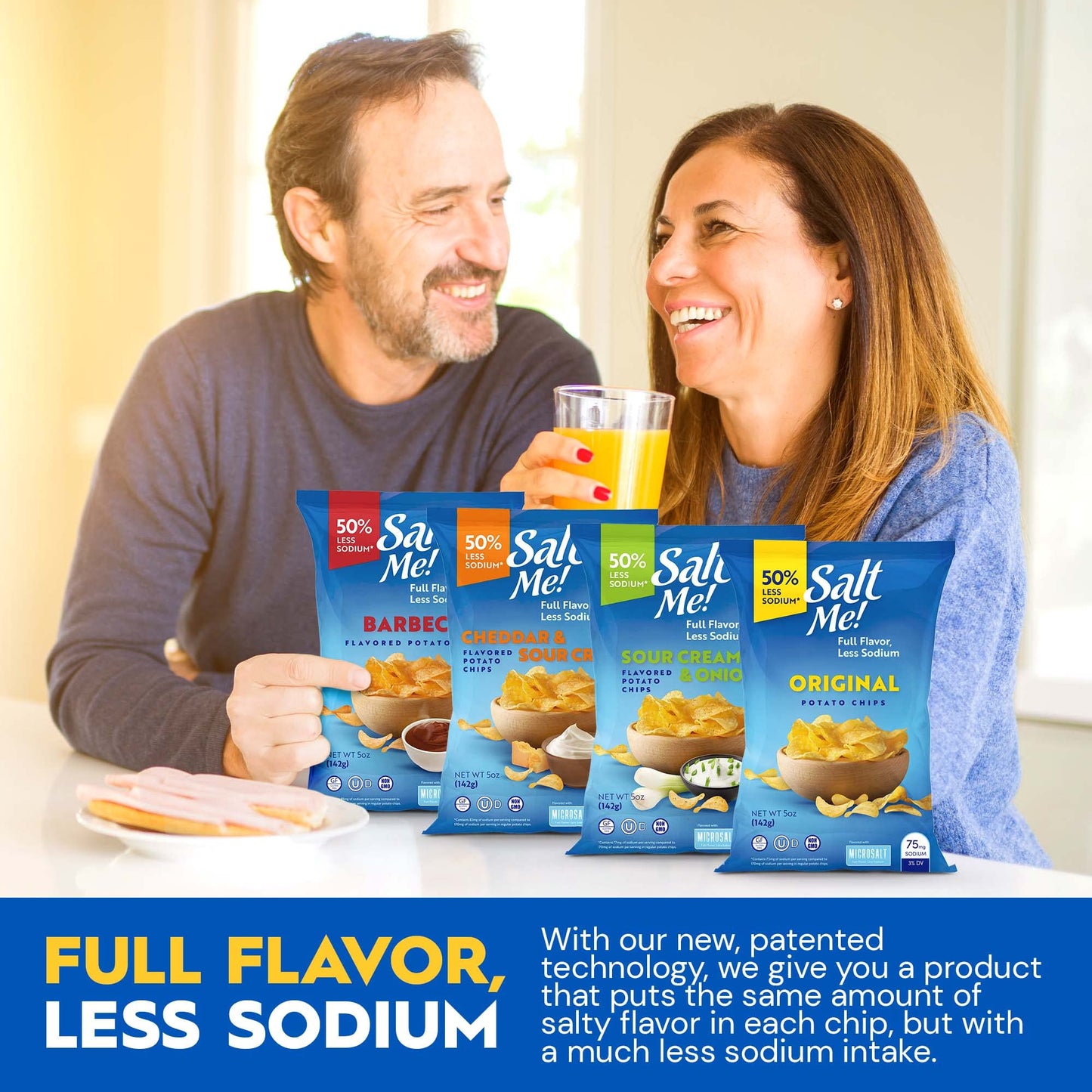 SaltMe! 4 flavor variety pack Potato Chips, 50% Low Salt, Kosher, Non-GMO, Better for You Chips, Original-BBQ-SC&Onion-Ched&Sour Cream 5 Ounces, Pack