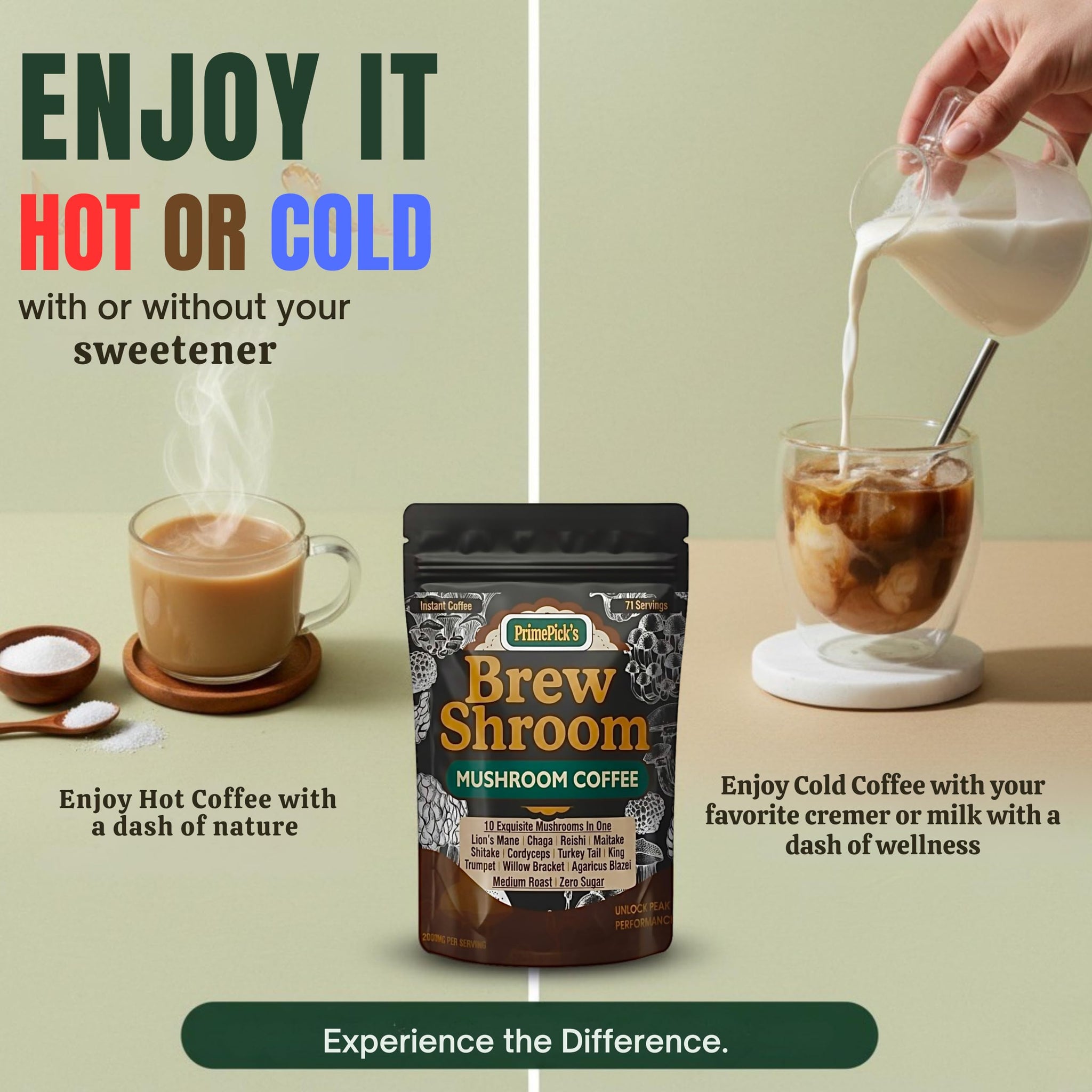 PrimePick's Brewshroom 10 in 1 Mushroom Coffee with 2000mg Adaptogenic Mushrooms, Instant, Arabica Medium Roast, Gluten-Free, Jitter-Free, No Added