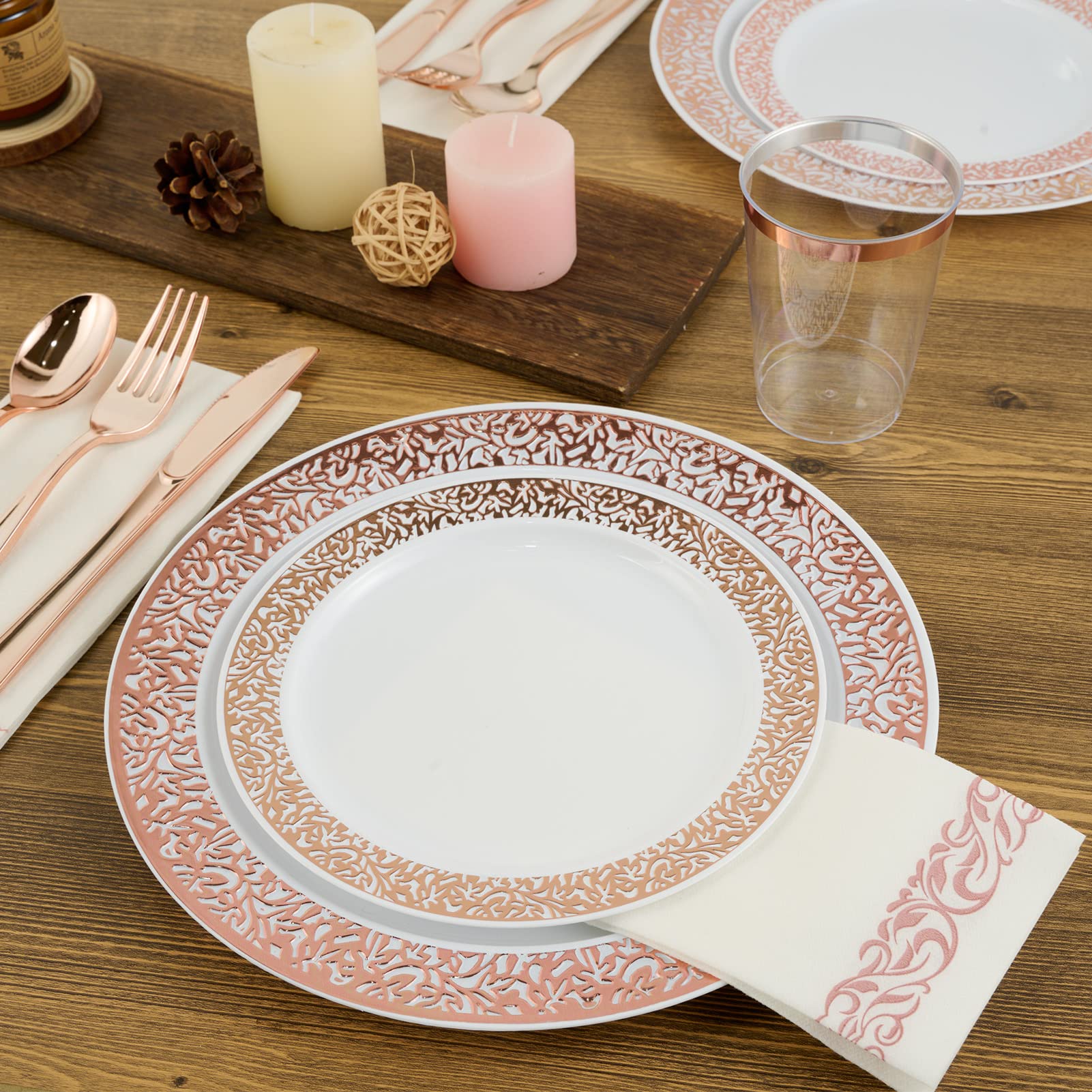FOCUSLINE 350 Ct Rose Gold Dinnerware Set for 50 Guests, Rose Gold Lace Plastic Plates Disposable Heavy Duty, Including 50 Dinner & Dessert Plates
