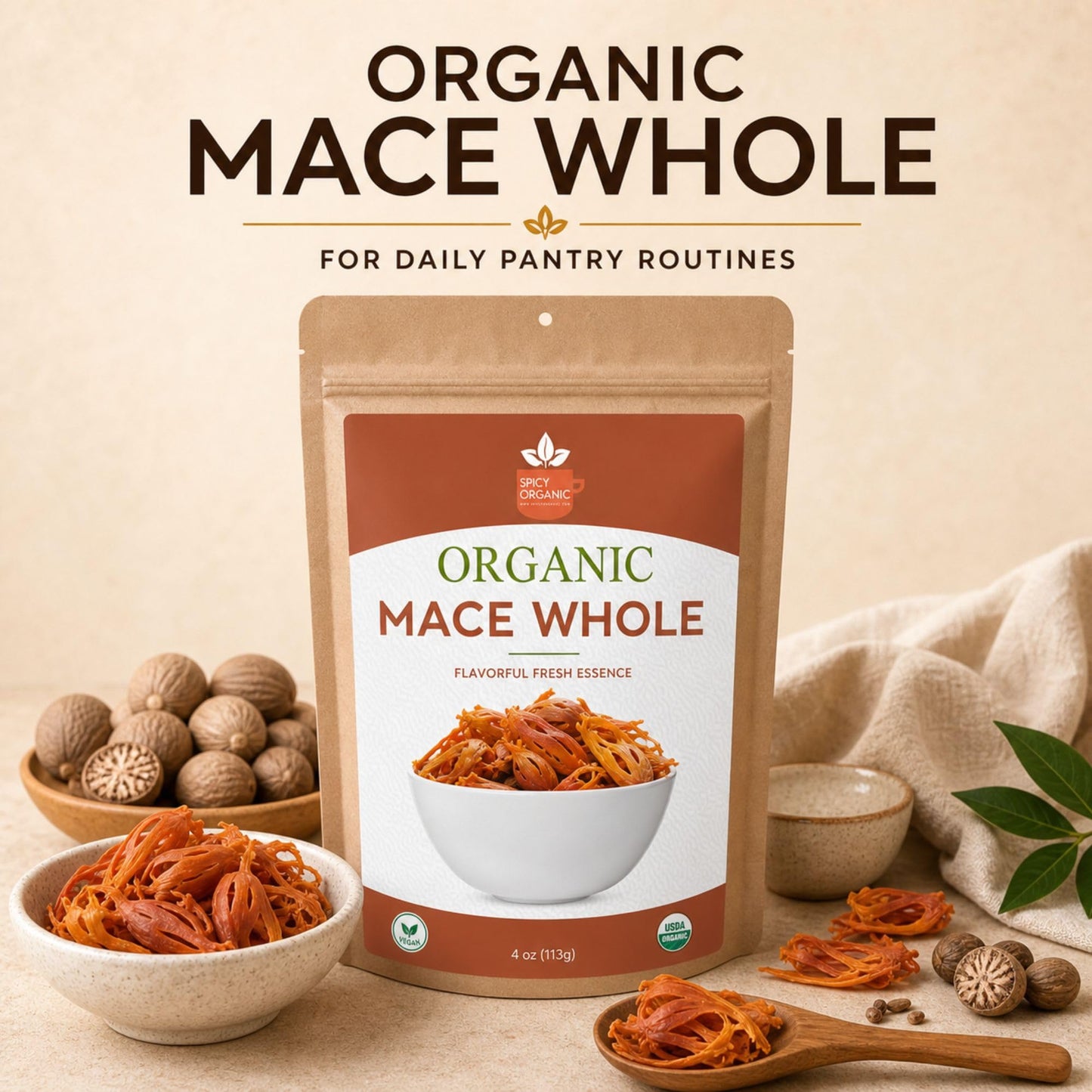 SPICY ORGANIC Mace Whole (Javantri) - 16 oz (454 g), USDA Certified Organic Mace Spice, 100% Raw, Non-GMO, Vegan, Gluten-Free - Enhance Dishes