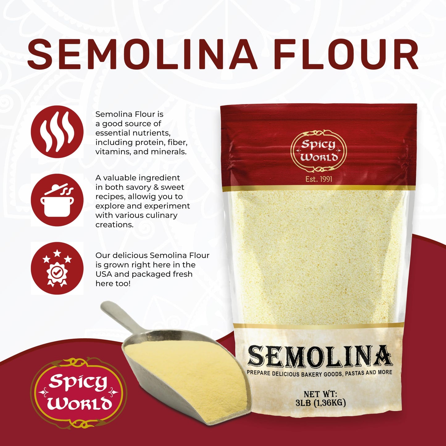 Spicy World Semolina Flour 3 LB (48 Ounce) | USA Grown Semolina for Pizza, for Pasta, and Bread Making | Fine Ground, Bulk Yellow Durum Semola Flour