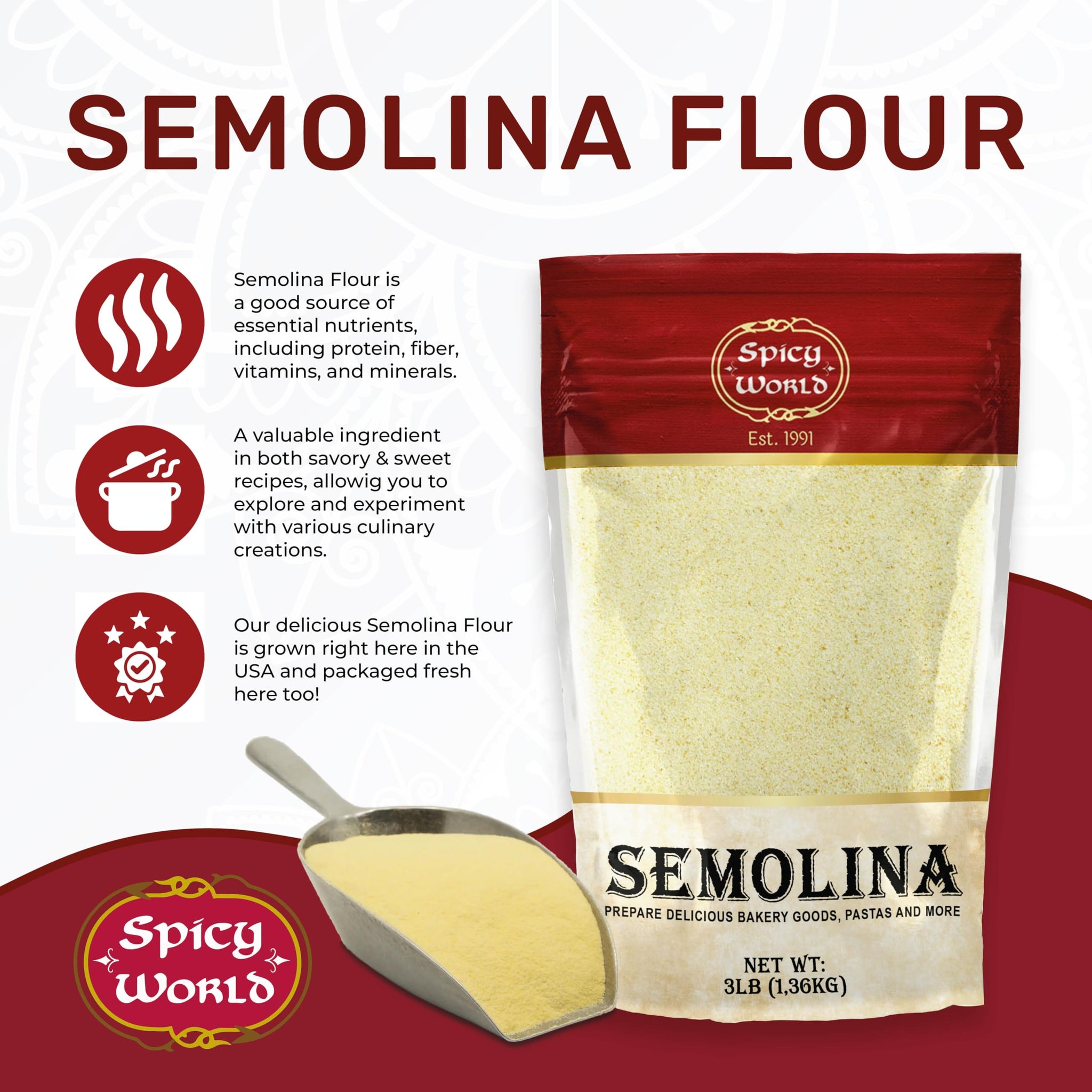 Spicy World Semolina Flour 3 LB (48 Ounce) | USA Grown Semolina for Pizza, for Pasta, and Bread Making | Fine Ground, Bulk Yellow Durum Semola Flour
