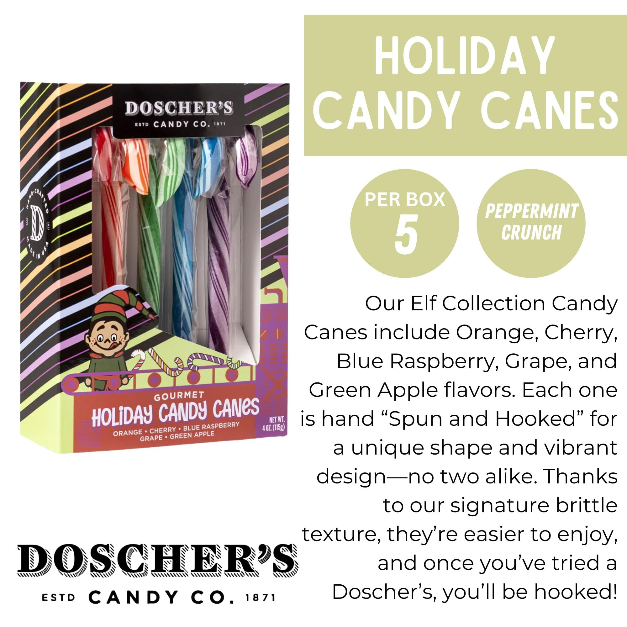 Doscher's Handmade Gourmet Holiday Candy Canes, Assorted Flavours, 5 Count, Pack of 1