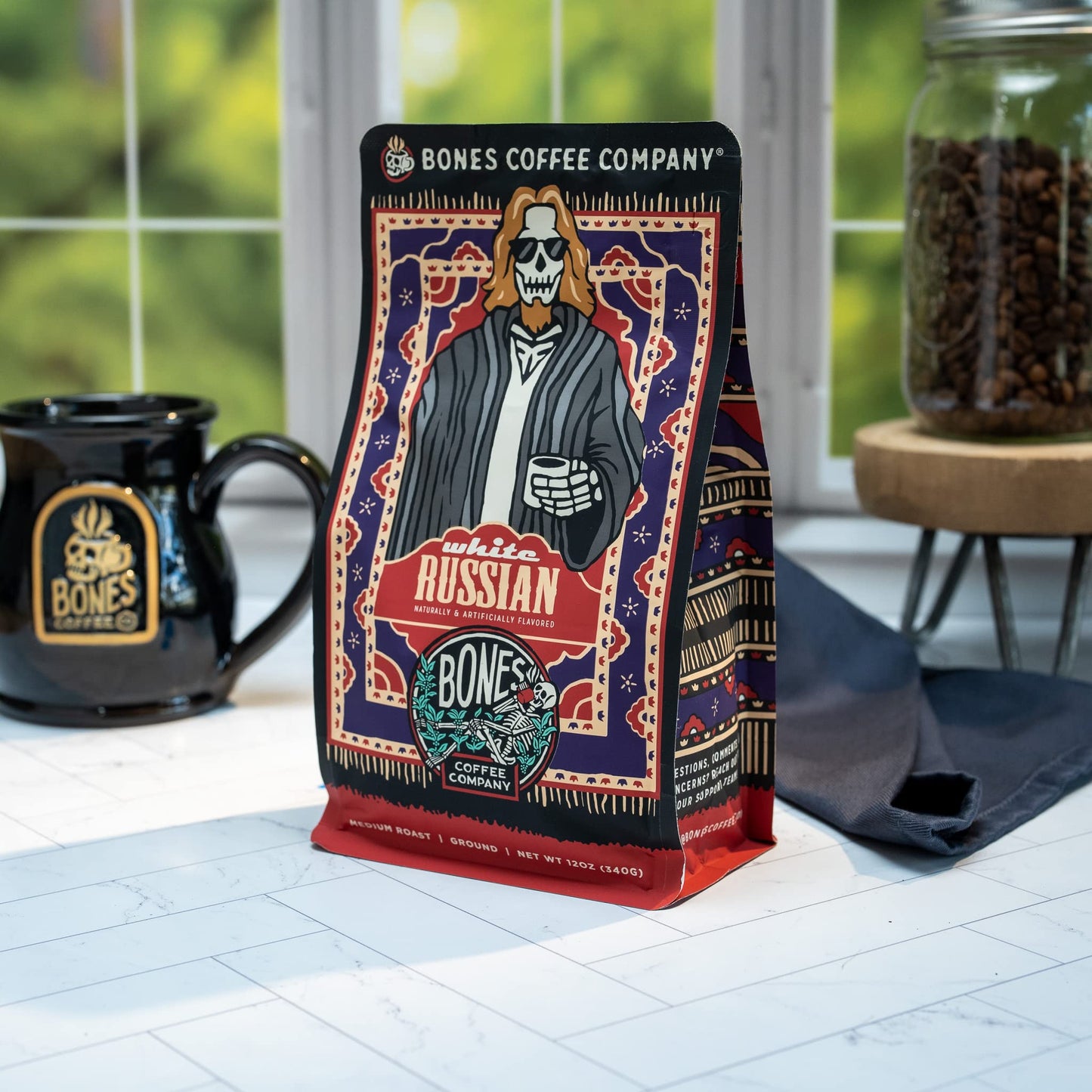 Bones Coffee Company White Russian, Cream and Cocktail Flavored Coffee, Medium Roast Low Acid Arabica Beans Compatible with Auto drip and French Press