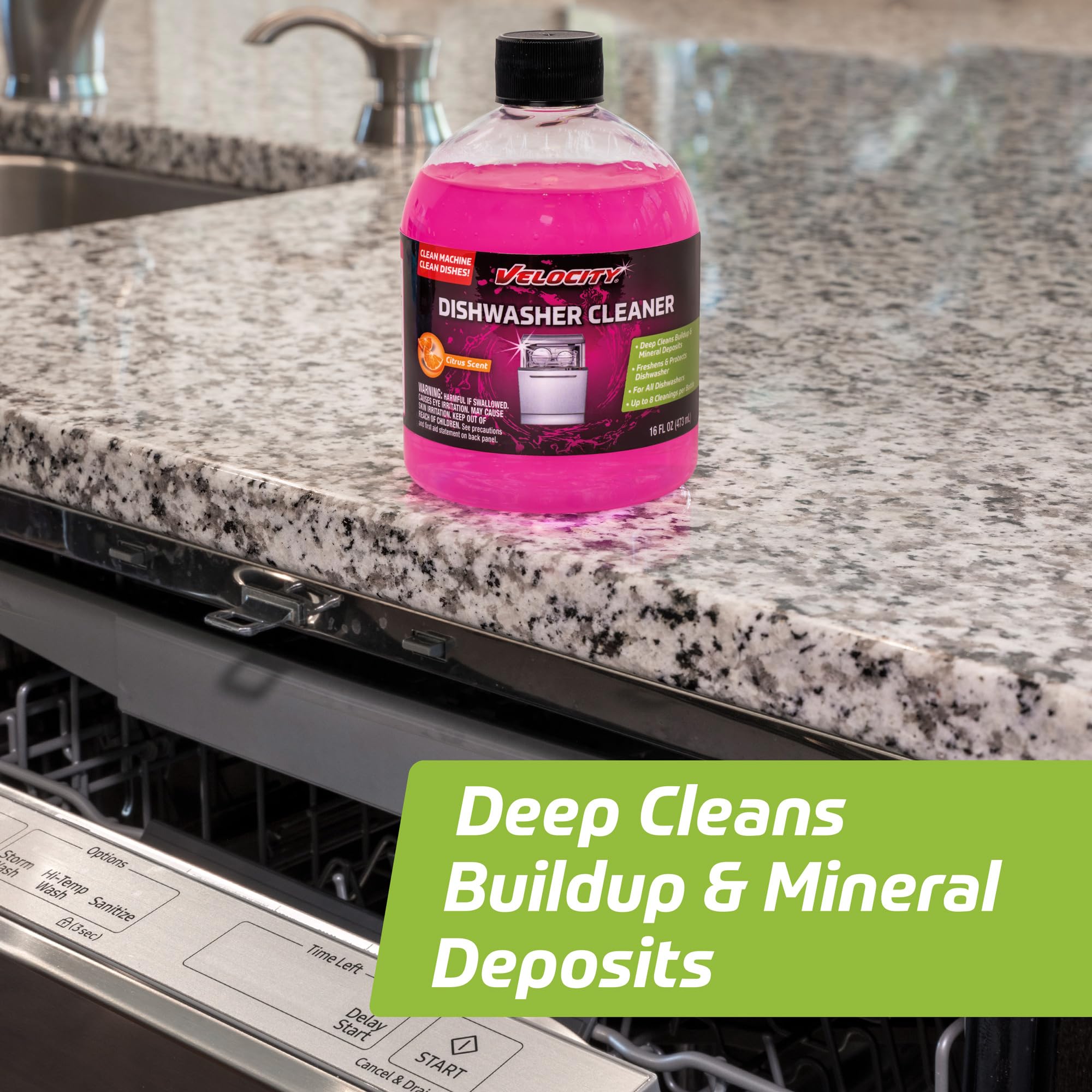 Velocity Dishwasher Cleaner and Deodorizer - 8 Uses Per Bottle. Dishwasher Cleaner and Descaler Deodorizes Interior for Sparkling Dishes, Freshens
