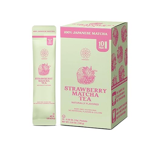 The Harmony Matcha Strawberry (10 Sticks) Premium Japanese Matcha Powder, Rich in Antioxidants & L-Theanine, Sweetened with Organic Sugar, No