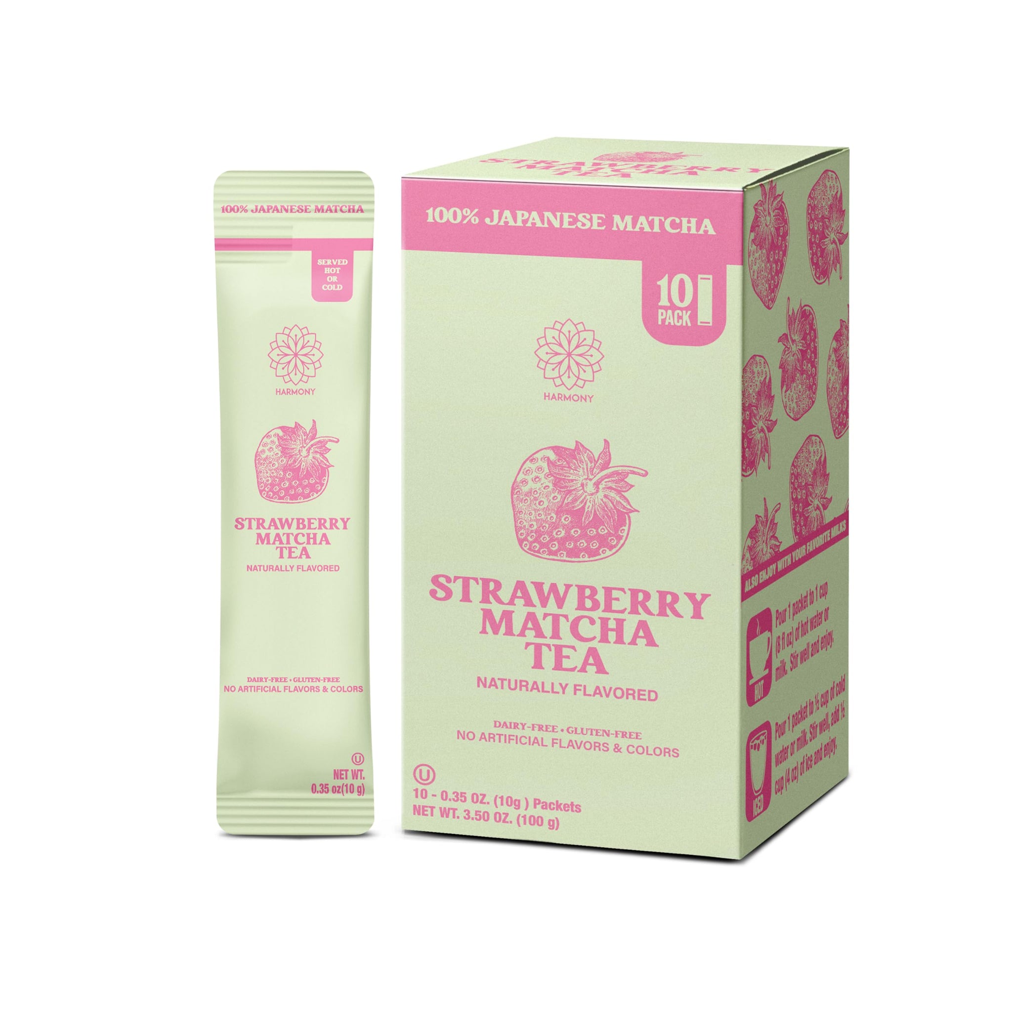 The Harmony Matcha Strawberry (10 Sticks) Premium Japanese Matcha Powder, Rich in Antioxidants & L-Theanine, Sweetened with Organic Sugar, No