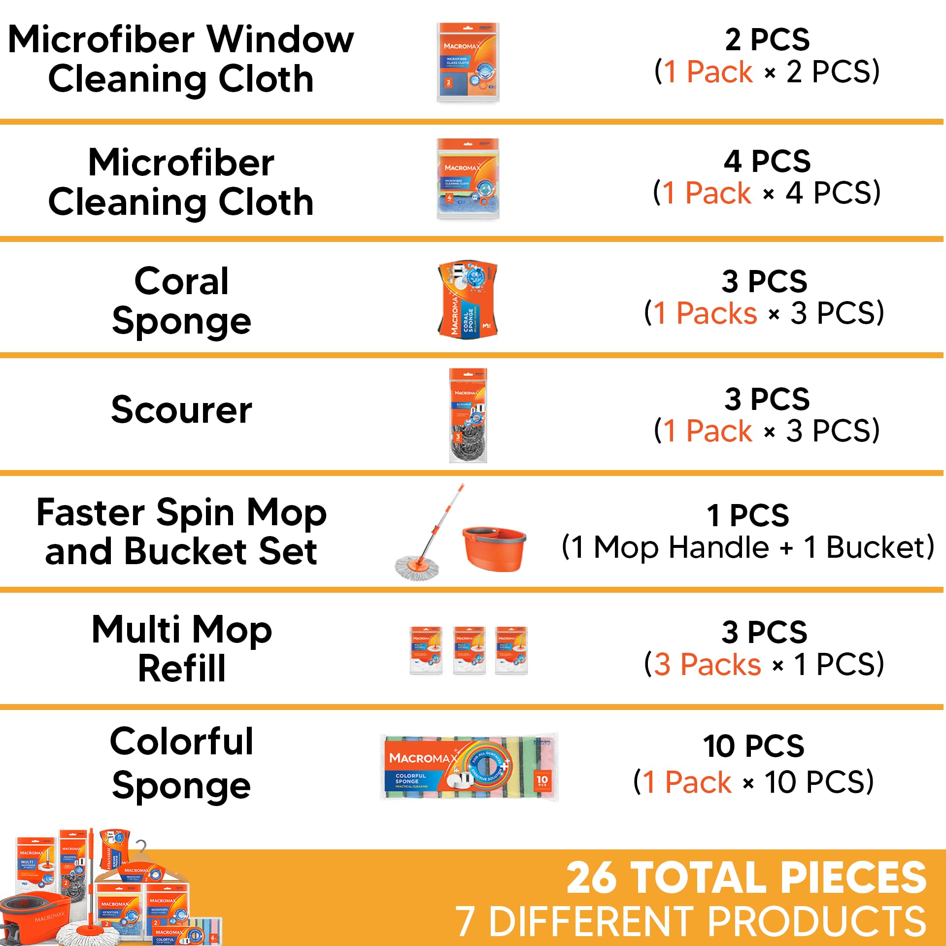 Home Cleaning Kit with Faster Spin Mop Bucket Refills Cloths Sponges Scourers Household Supplies Set